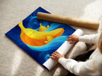 A woman is carefully rolling a fine art poster paper of the Banana Family Canvas artwork print. Ideal for nurseries playrooms schools daycare centers and children's hospitals. The whimsical art brings a playful touch.
