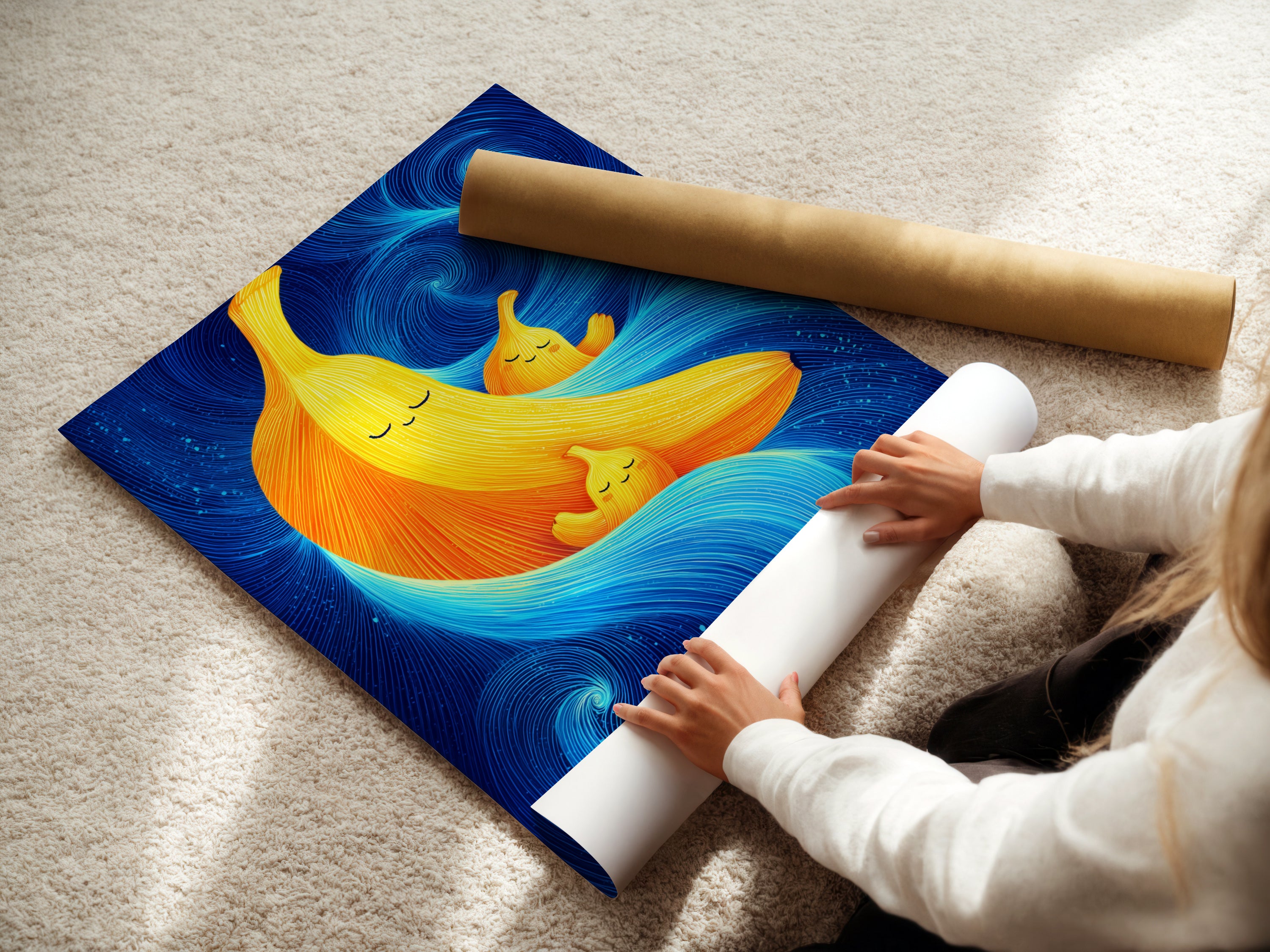 A woman is carefully rolling a fine art poster paper of the Banana Family Canvas artwork print. Ideal for nurseries playrooms schools daycare centers and children's hospitals. The whimsical art brings a playful touch.