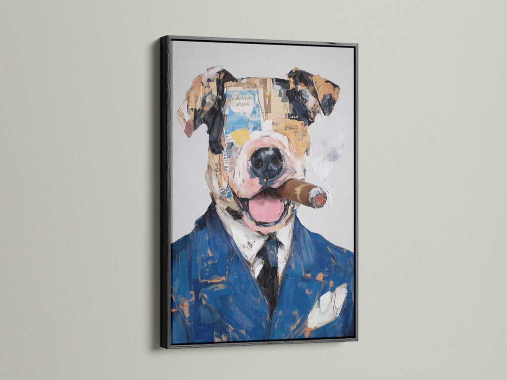 Dog portrait art presented in a black frame. This animal wall art is a striking piece. The quirky dog art stands out as office wall decor. This collage canvas art is a great gift for dog enthusiasts. Its modern style elevates any space.