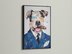 Dog portrait art presented in a black frame. This animal wall art is a striking piece. The quirky dog art stands out as office wall decor. This collage canvas art is a great gift for dog enthusiasts. Its modern style elevates any space.