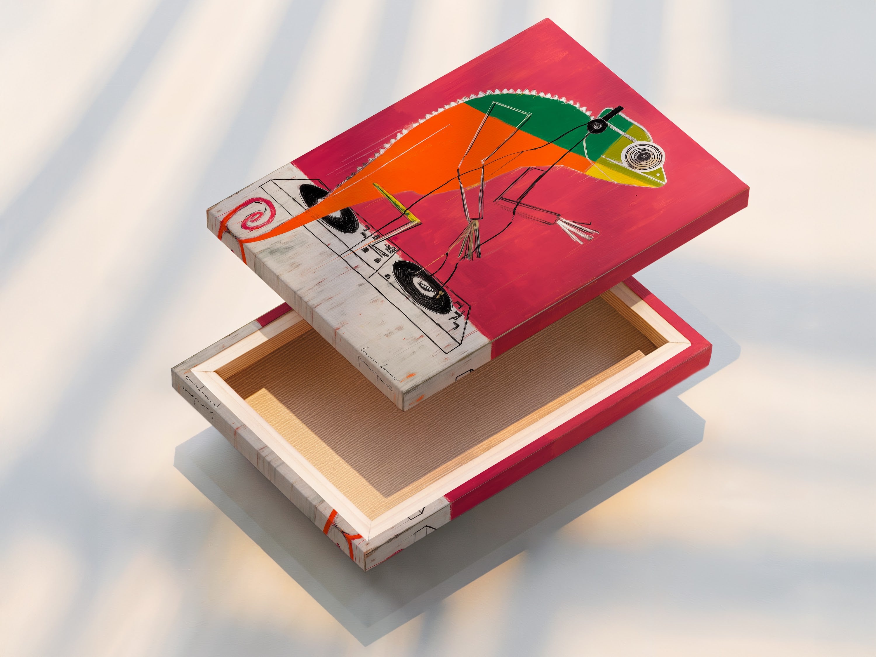 A stretched canvas print of the DJ Chameleon artwork. The colorful animal wall art brings a retro music poster feel. Perfect for adding a pop of art to any music studio. A great gift for music lovers.