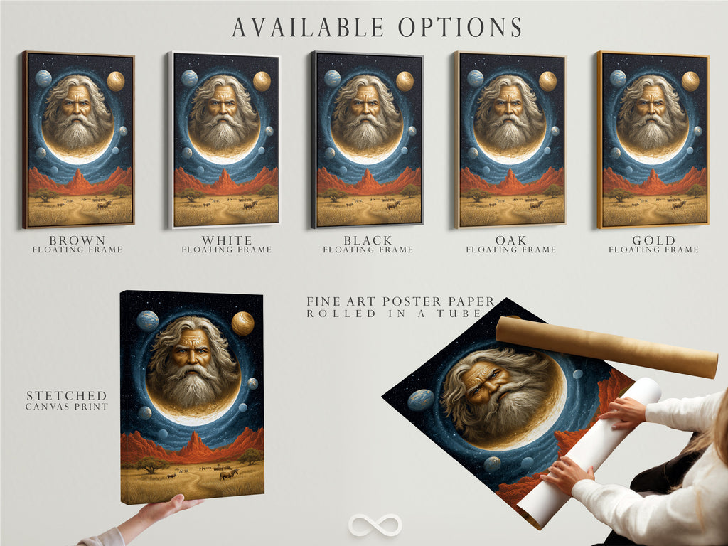 Explore available options for this cosmic portrait wall art. Choose from a stretched canvas print fine art poster paper or floating frame. The surreal space artwork of a celestial man in the moon adds a mystical touch. Perfect for Living Rooms Offices Meditation Rooms studios lobbies and wellness centers.