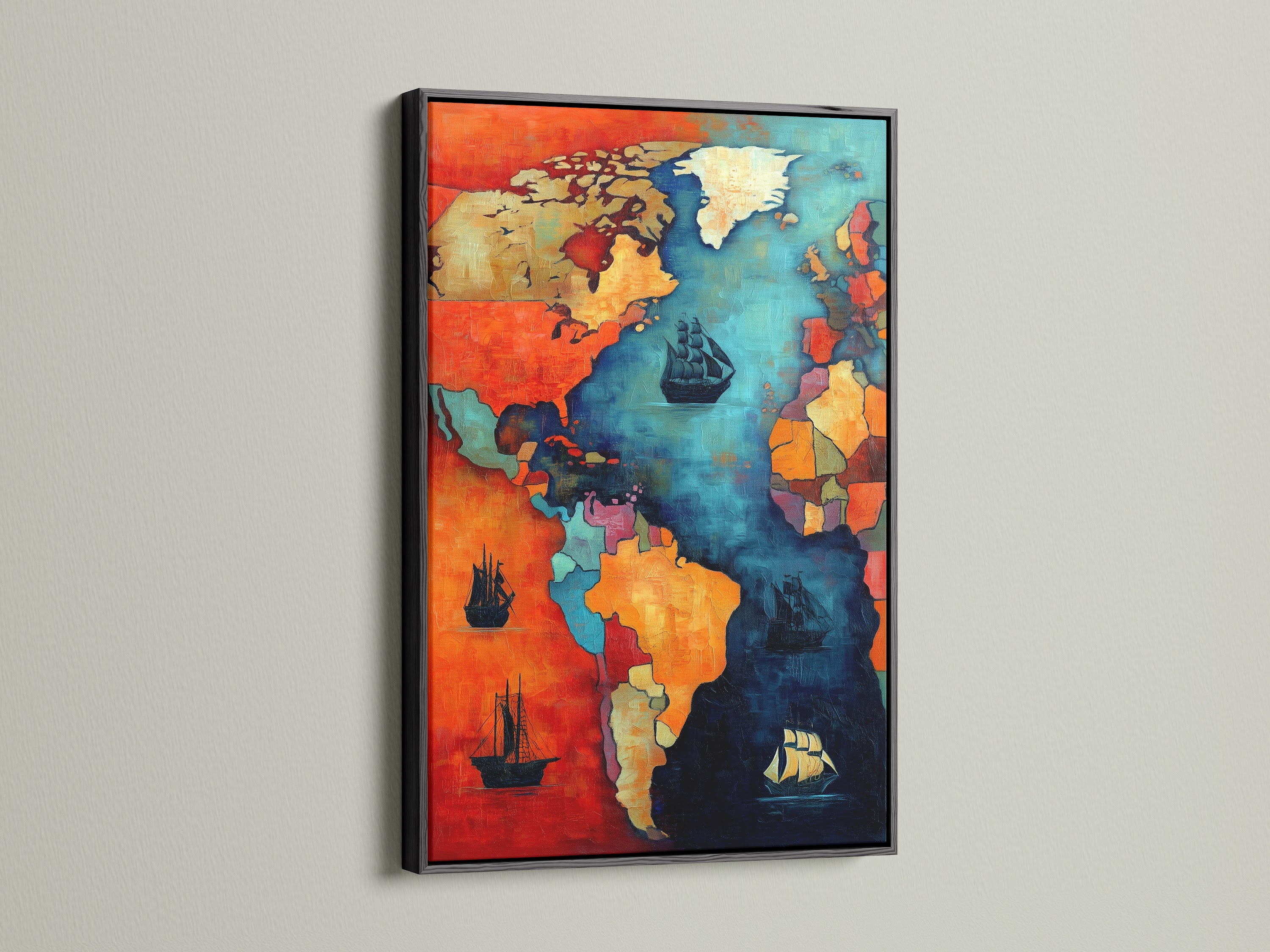 This is a vintage world map artwork in a black frame. The nautical chart wall art brings a classic touch. The teal and coral artwork enhances any room. It is suitable for living rooms bedrooms and offices. This is a thoughtful gift for travelers and art collectors.