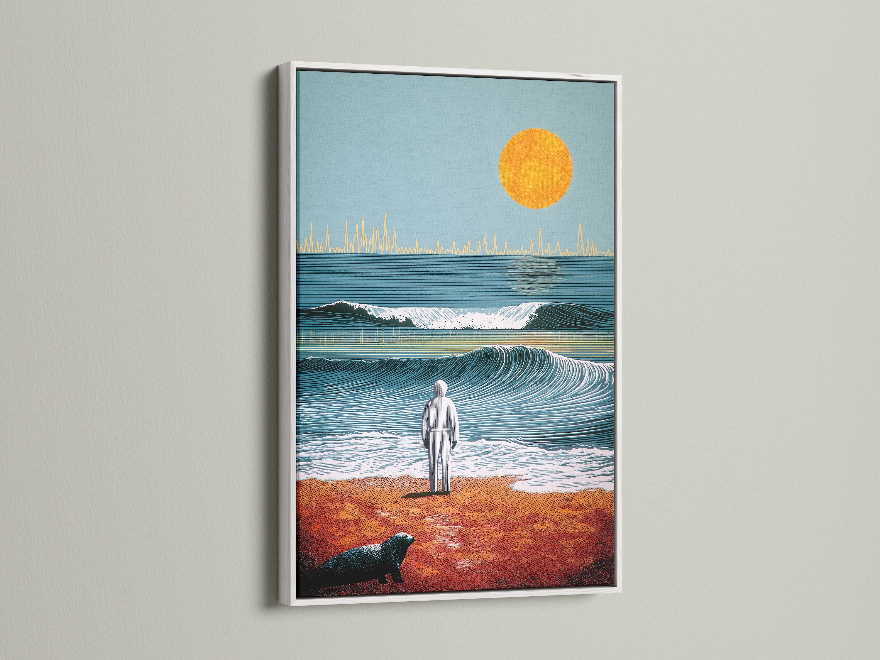An ocean sunset artwork framed in white. The surreal wave illustration adds a modern touch. This beach canvas print creates a calming atmosphere. Perfect for coastal wall decor and beach house artwork