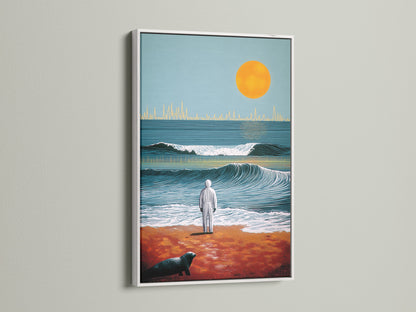 An ocean sunset artwork framed in white. The surreal wave illustration adds a modern touch. This beach canvas print creates a calming atmosphere. Perfect for coastal wall decor and beach house artwork
