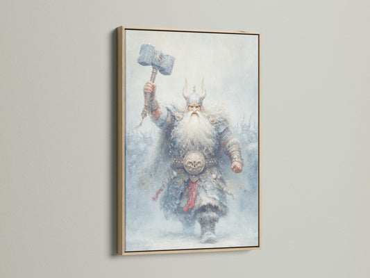 A framed canvas print of a Viking Warrior with an oak frame. This Norse Mythology artwork brings fantasy to any room. Ideal game room decor for homeowners renters and business owners. The oak frame enhances its rustic style.