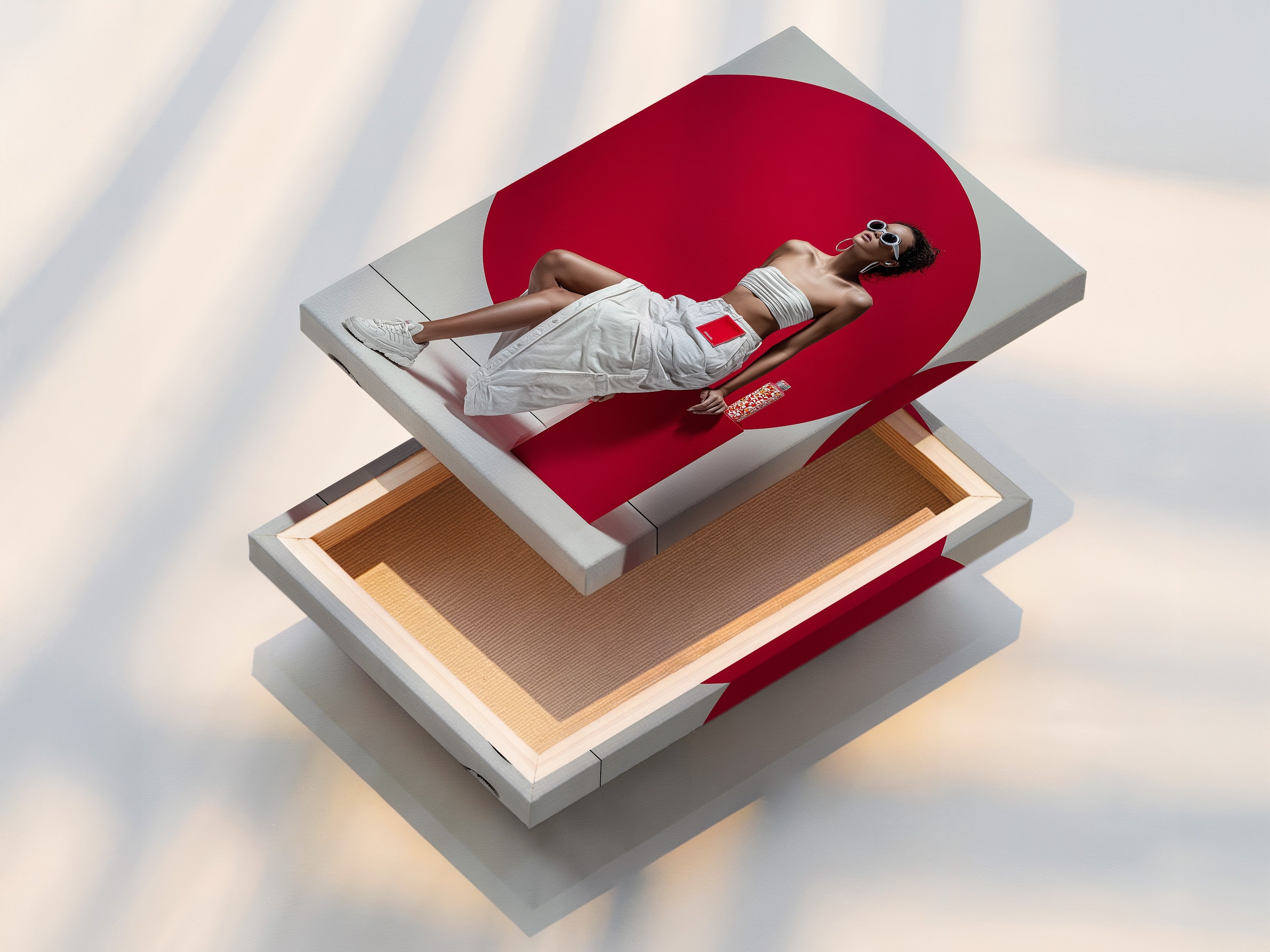 A stretched canvas print of contemporary fashion artwork. The pop art piece features a woman in a white outfit against a red backdrop. This stretched canvas is perfect for creating a statement wall. It is ideal for modern decor.