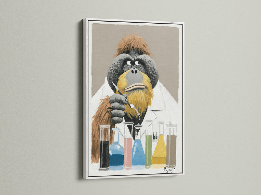 This is a white frame featuring the Orangutan Scientist art. The artwork features a thoughtful orangutan in a lab coat. Test tubes filled with colorful liquids sit before him. This unique piece is perfect for adding a touch of curiosity to your home or office decor.