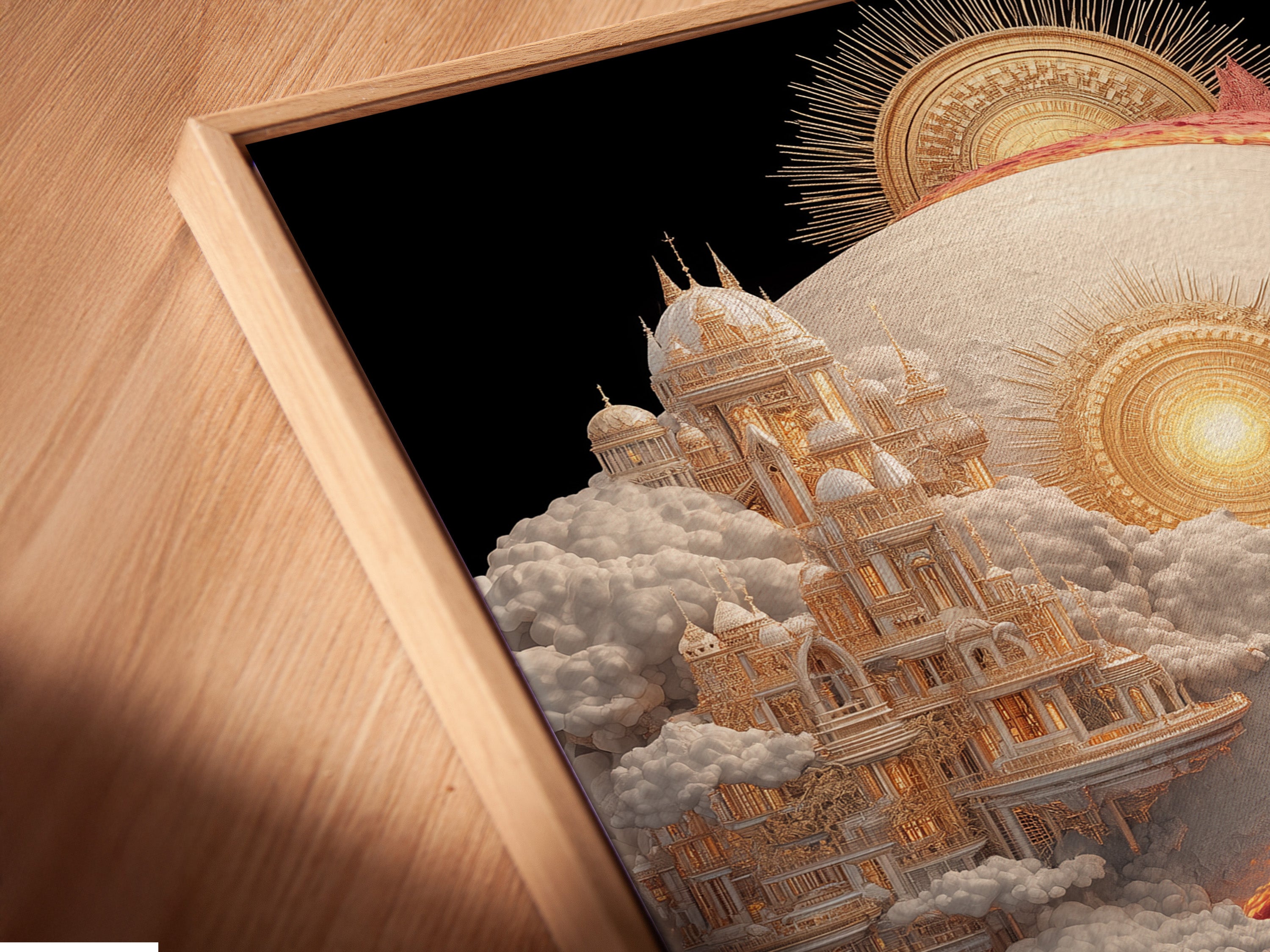 Close up of a canvas print in a floating frame. The artwork shows two castles. One is white and the other is red. They form a yin and yang shape. Floating frames give the art a modern look.