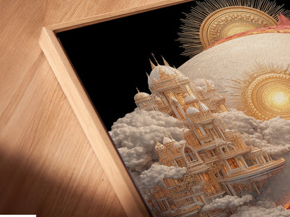 Close up of a canvas print in a floating frame. The artwork shows two castles. One is white and the other is red. They form a yin and yang shape. Floating frames give the art a modern look.