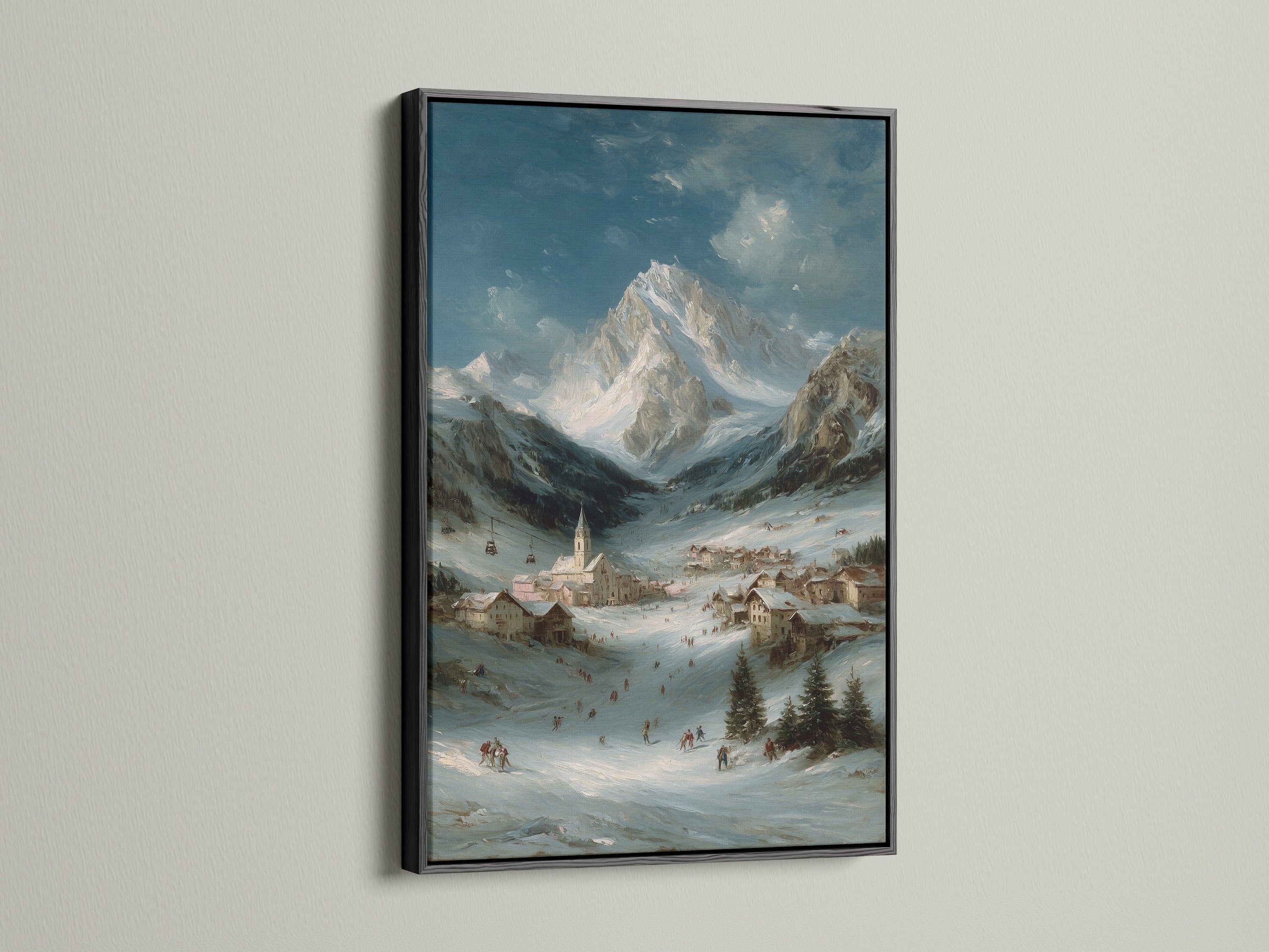 Alpine Village artwork with a black frame. The mountain village scene is great for ski lodge decor. The winter landscape evokes a sense of tranquility. This snow scene print is perfect for cabin wall decor. The artwork brings a touch of alpine charm to any room.