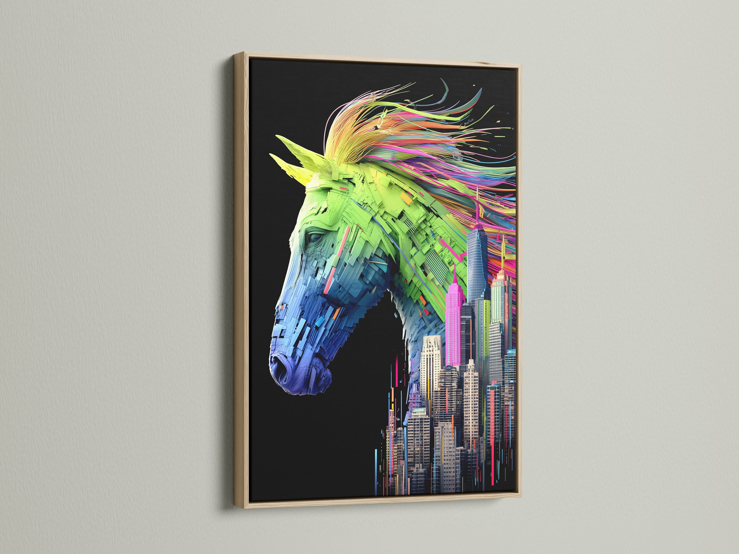 A captivating oak frame enhances this modern horse artwork. The cityscape print combines animal and urban elements. Ideal for adding a touch of contemporary style to your living room or office decor.