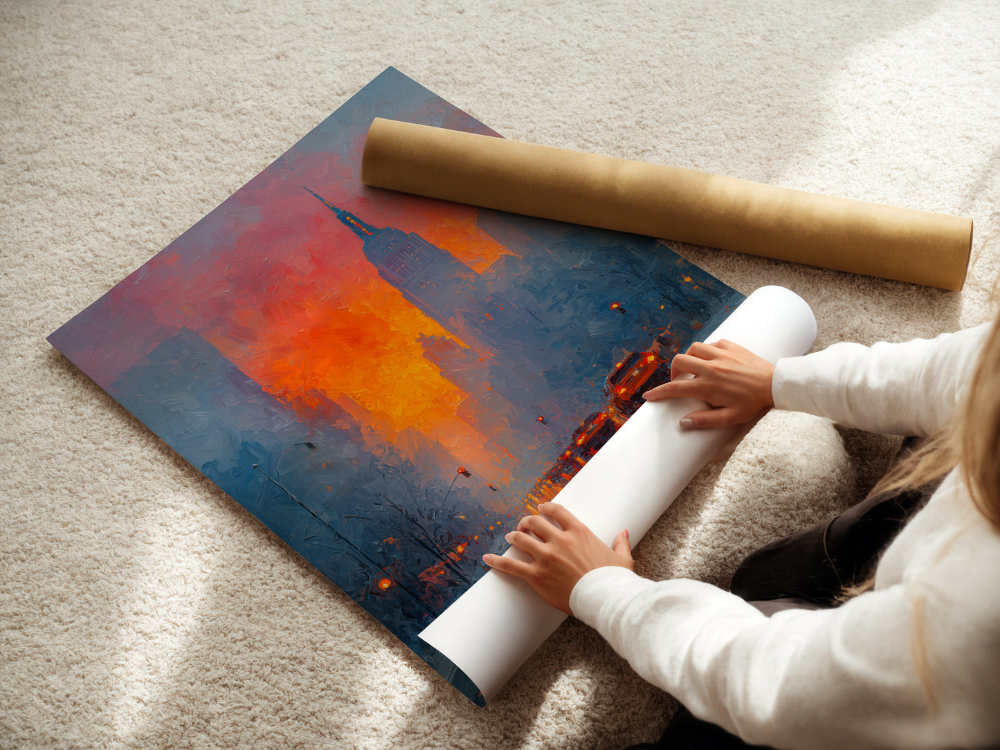 A woman is carefully rolling a fine art poster paper. This demonstrates the care and quality in handling artwork. The poster paper is ready for framing or display. Ideal for showcasing the New York City skyline art. Perfect for art collectors and enthusiasts.