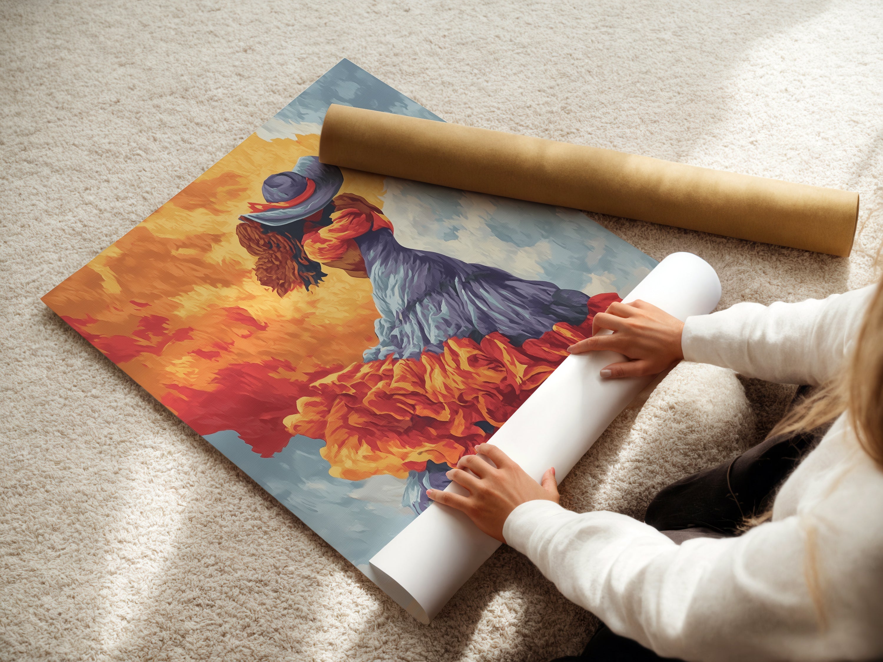 A woman rolls a fine art poster paper. High-quality materials ensure a beautiful art print. Perfect for creating stunning artwork. Ideal for framing and displaying in any space. Get your artwork today.