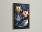 A framed art print features a stunning gold frame. The artwork includes an owl a fox a hand and a whale. The artwork is set against a dark blue starry background. Add a touch of elegance with a gold frame.