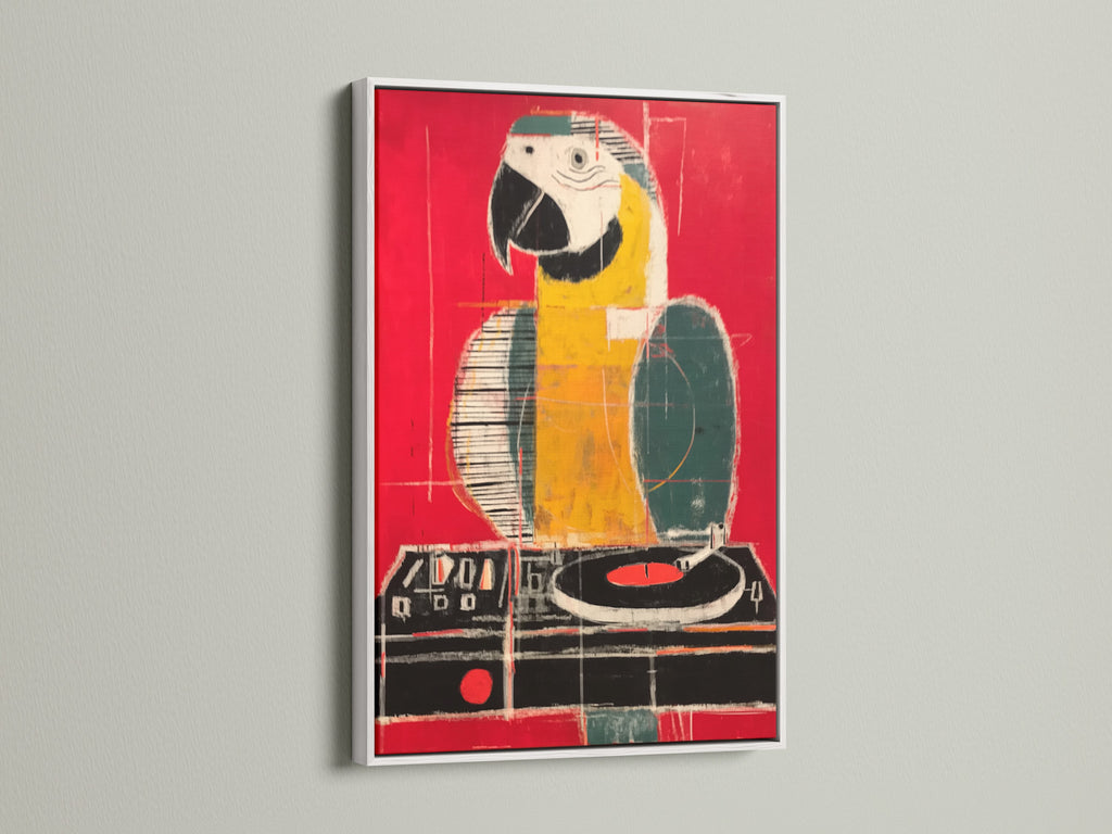 This image highlights a parrot artwork in a white frame. The contrast enhances the art's vivid colors. It is ideal for modern and eclectic decor. This piece brings a fresh contemporary touch to your home.