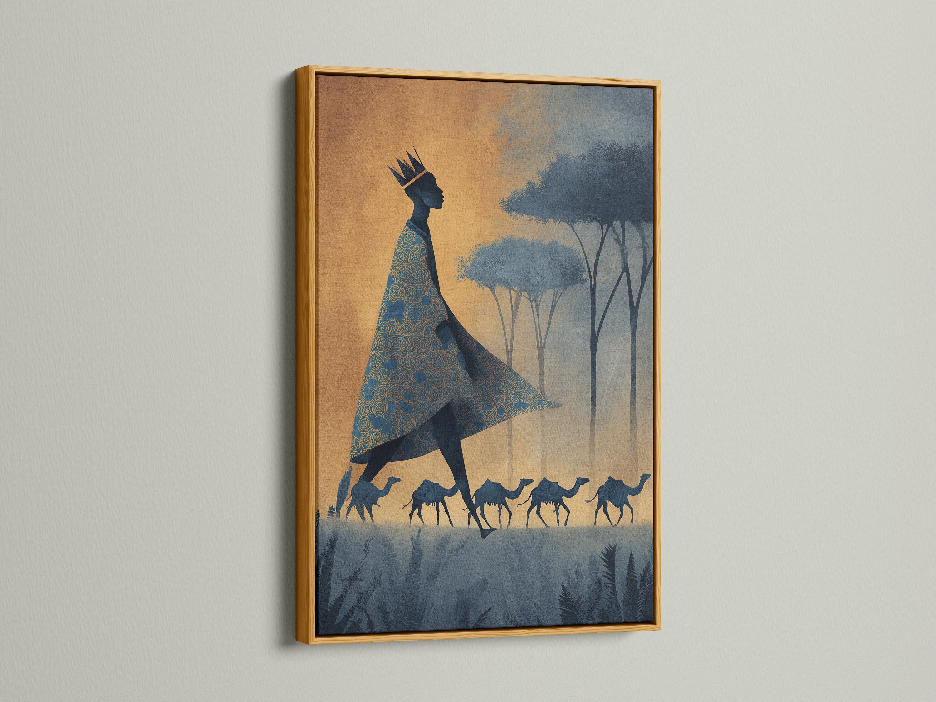 A gold frame adds a touch of luxury to this regal artwork. The artwork features a figure with camels in an abstract desert scene. The gold frame enhances the artwork's richness. It makes it a statement piece. Perfect for adding glamour to any room
