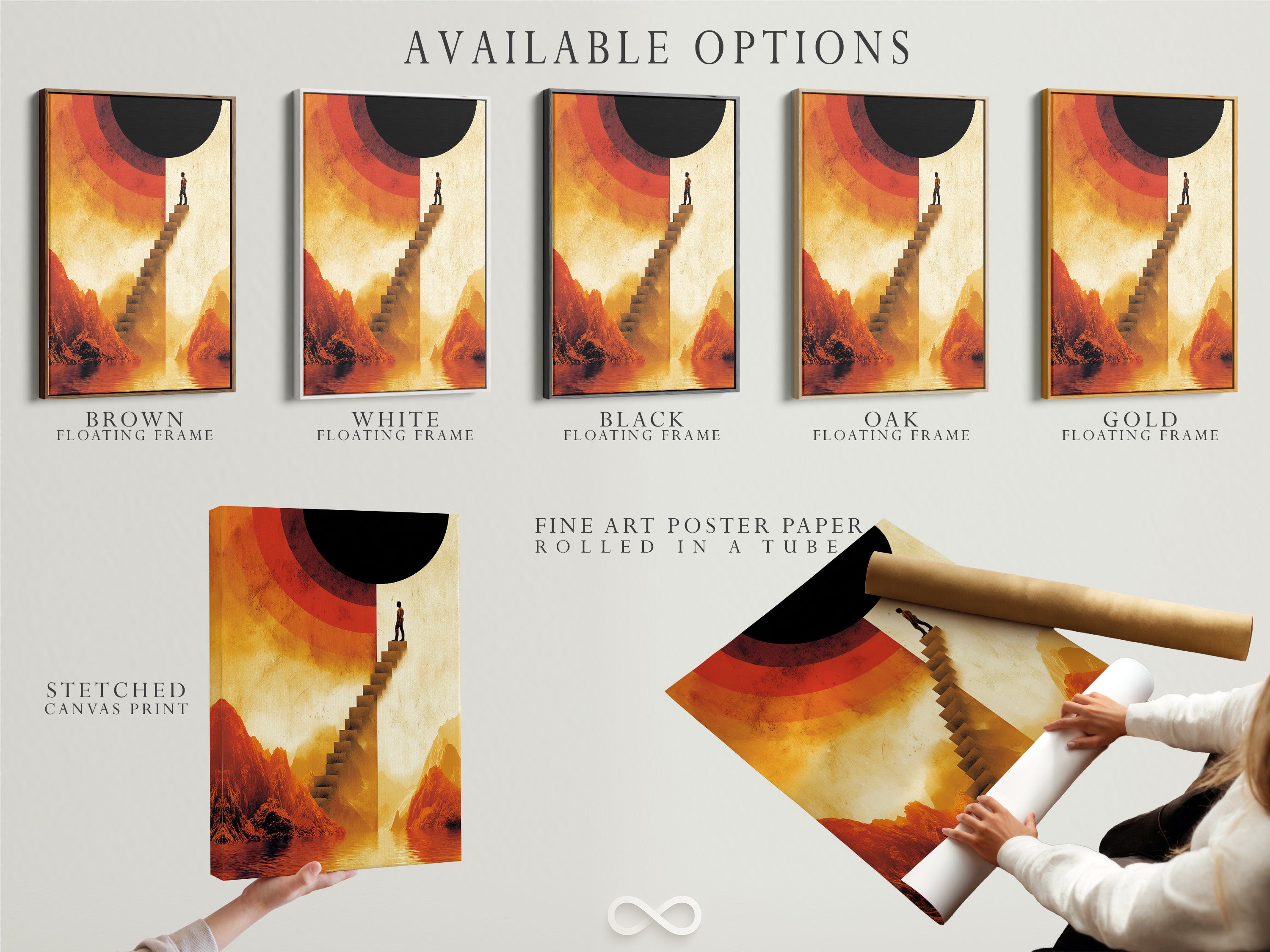 Available art options are displayed. Options include a stretched canvas print fine art poster paper and a floating frame of the surreal stairway artwork. Abstract mountain landscape art in warm earth tones. Customize your artwork.