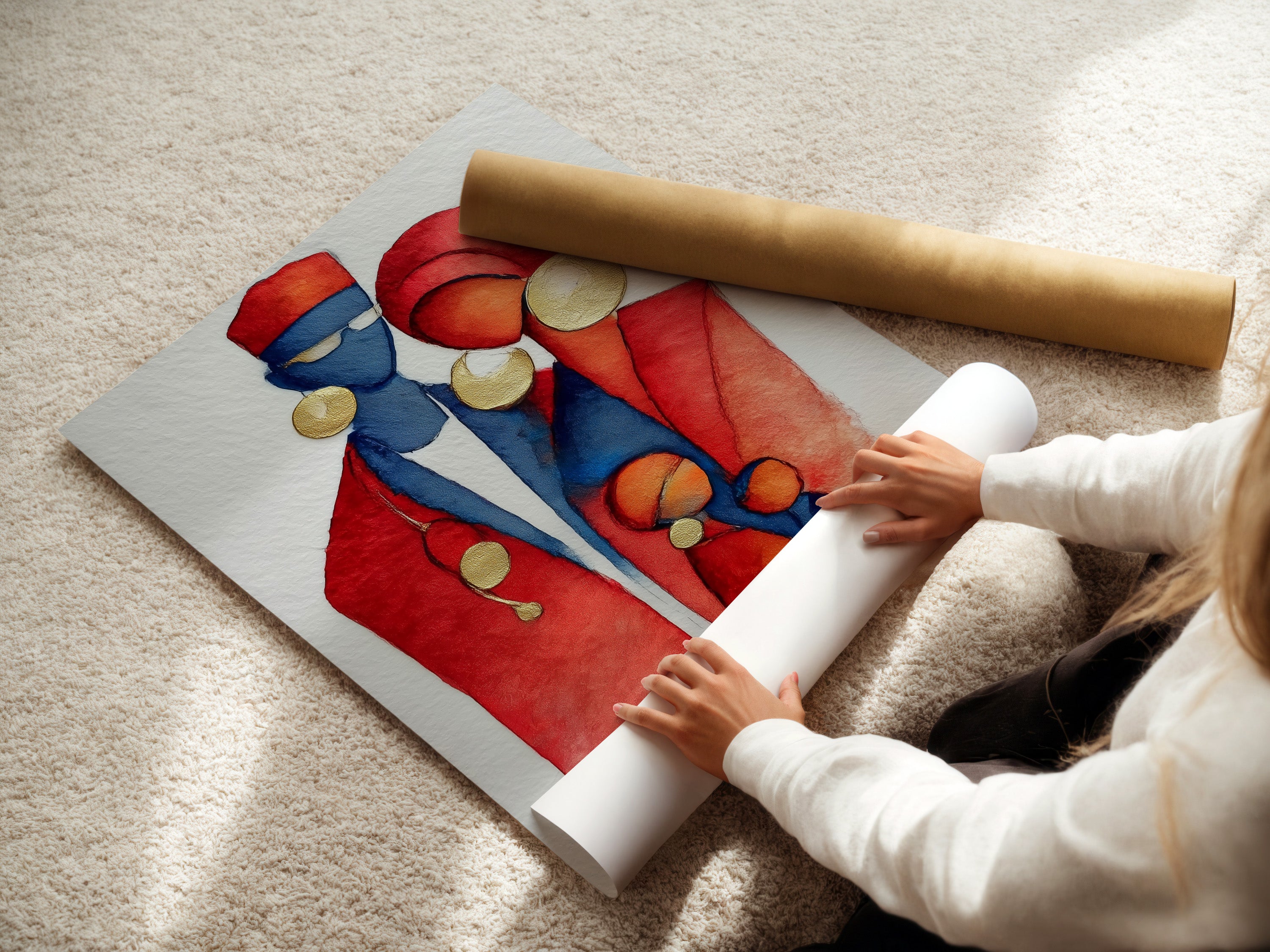 A woman is carefully rolling a fine art poster paper. The paper features a watercolor print. The art showcases an African family. The poster will be perfect for framing. The poster is ready to be displayed as cultural artwork.