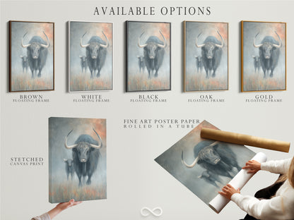 Available options for yak artwork are displayed. Choose between a stretched canvas print. Consider fine art poster paper. Explore the floating frame. Customize your rustic farmhouse wall decor.