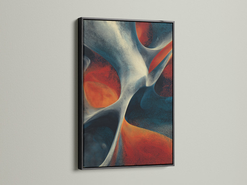 Artwork with a black frame on a white wall. The artwork features abstract shapes in red white and blue. The black frame provides a bold and contemporary feel. This framed art is a striking addition to any wall. It will definitely catch the eye.