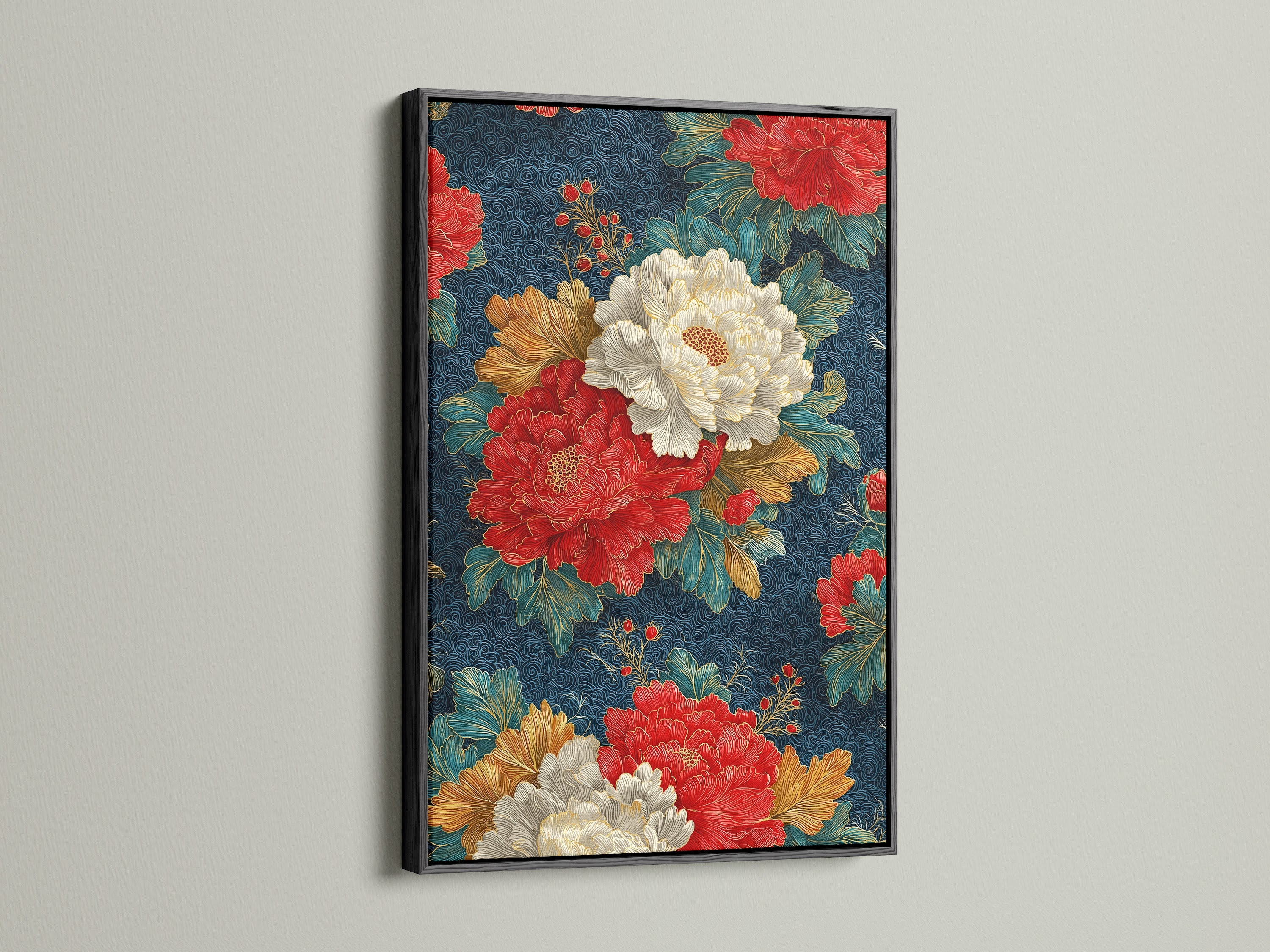 Japanese Floral Wall Art - Navy Blue Peony Canvas Print, Oriental Botanical Art for Living Room Decor