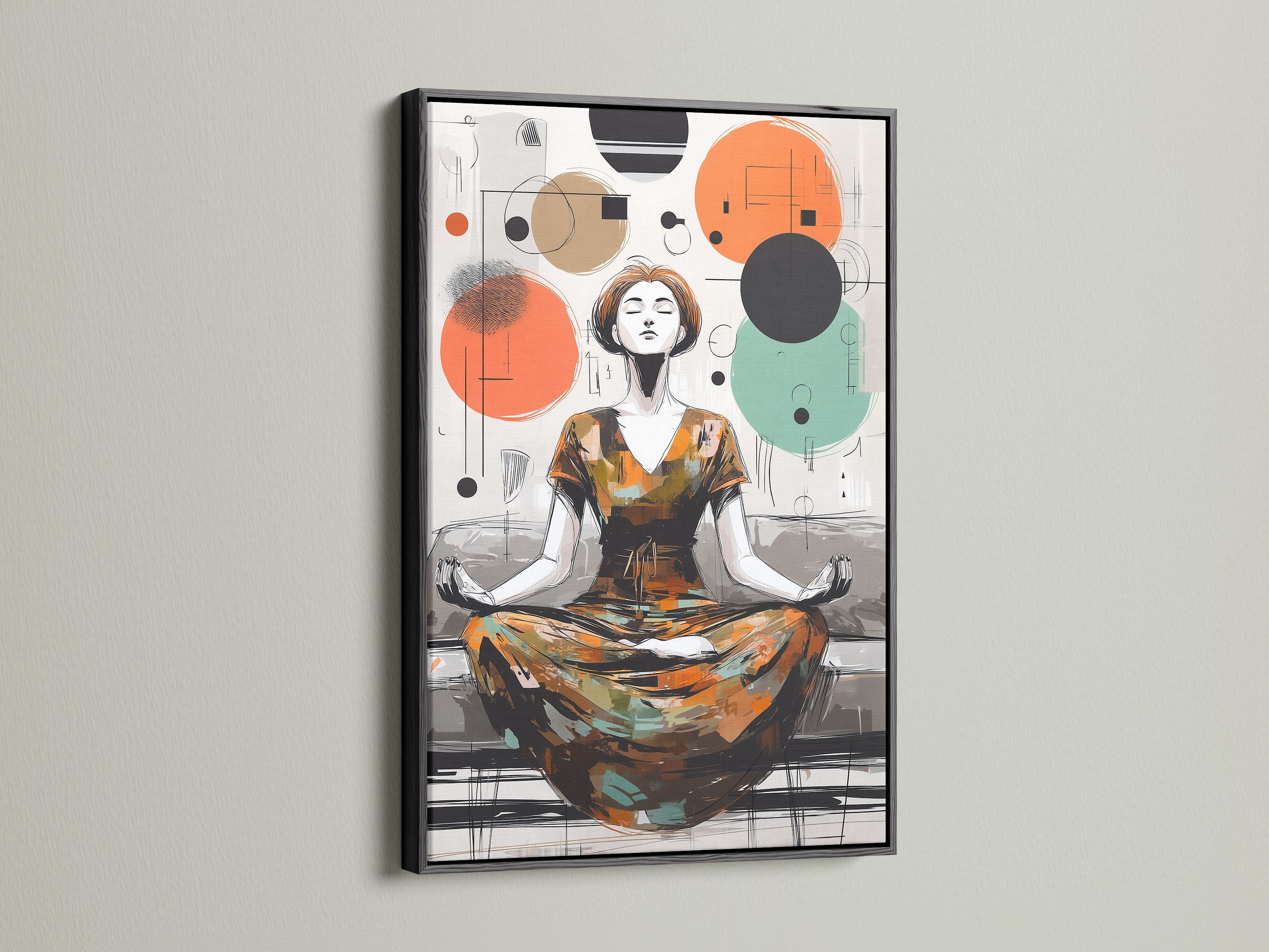 Abstract Meditation Art Print in a sleek black frame. The artwork is a contemporary canvas print for yoga studio decor. The black frame enhances its modern aesthetic. Great for minimalist and modern spaces.