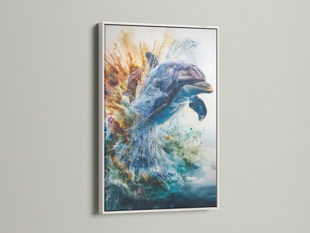 A stunning dolphin art piece is elegantly displayed in a white frame. The white frame offers a clean and modern aesthetic. It will make the artwork pop. Elevate your home decor with our white frame collection.