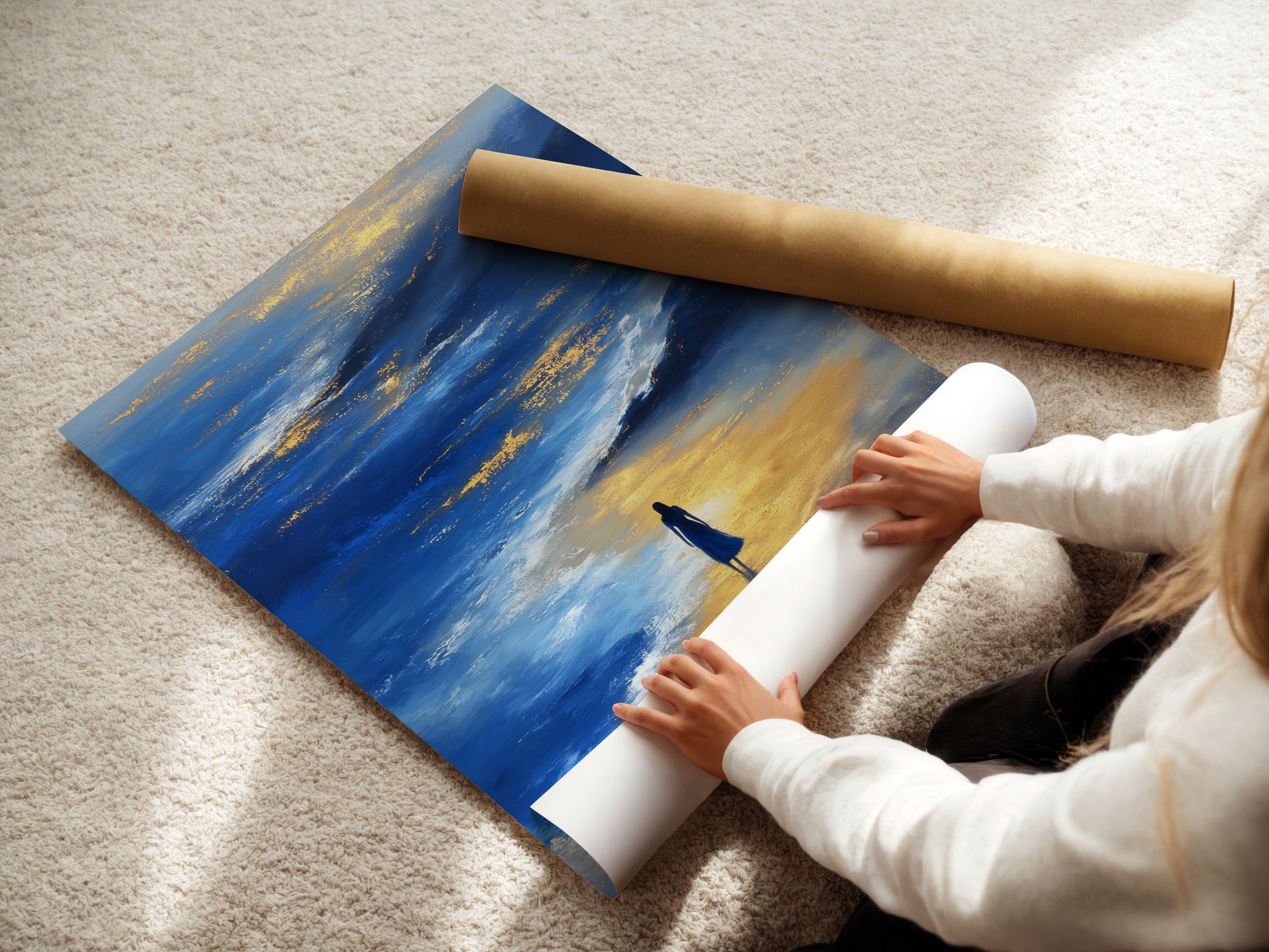 A woman is carefully rolling a fine art poster paper of the Ocean Reflection artwork. The blue and gold abstract seascape print is delicate and detailed. This fine art poster paper offers a high-quality art option. Ready to be framed and displayed.