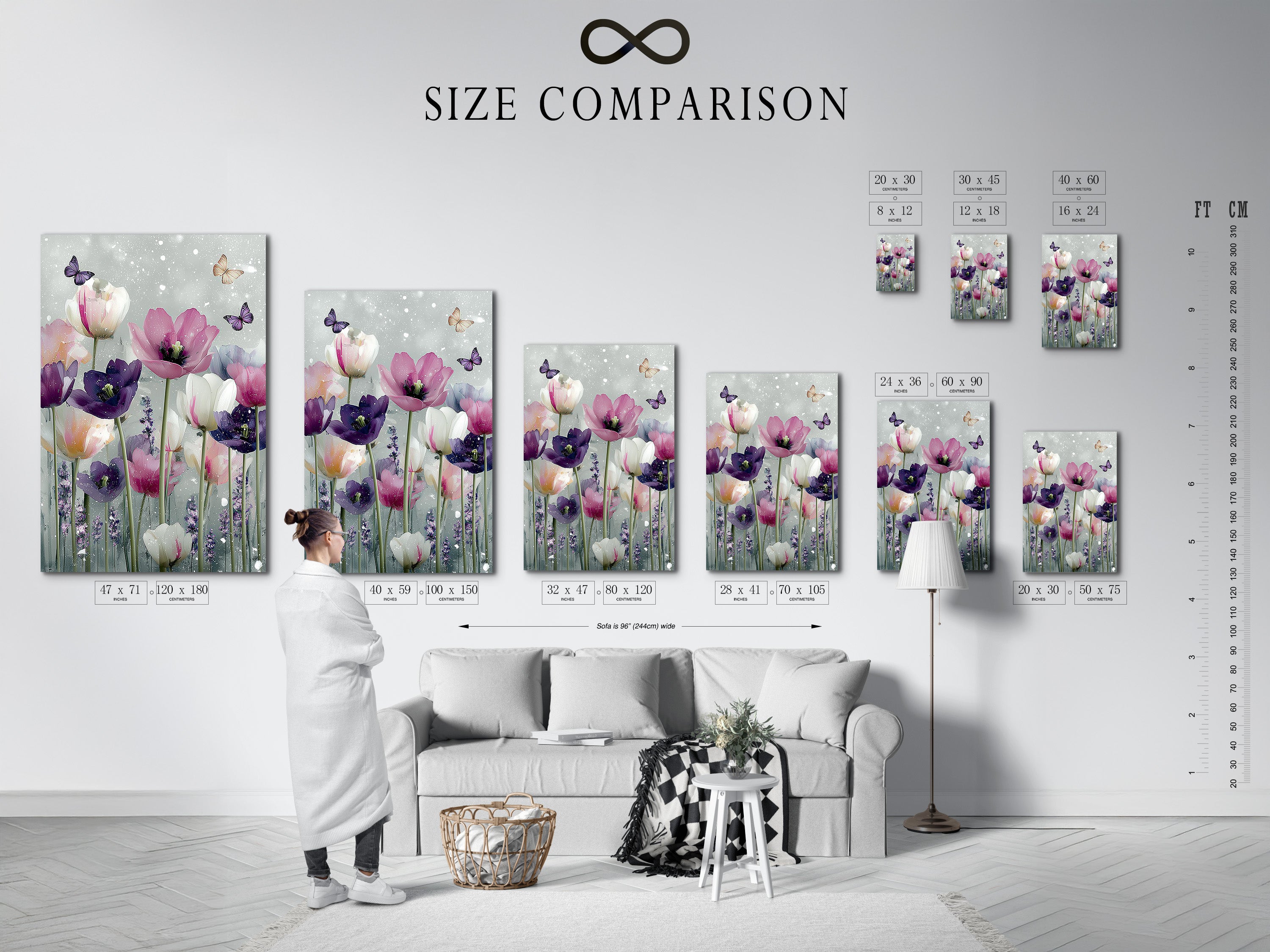 A size comparison chart displayed in an interior setting. Visualize the perfect art size for your space. See how different sizes complement your decor. Choose the ideal dimensions for your artwork. Make informed decisions for your home.