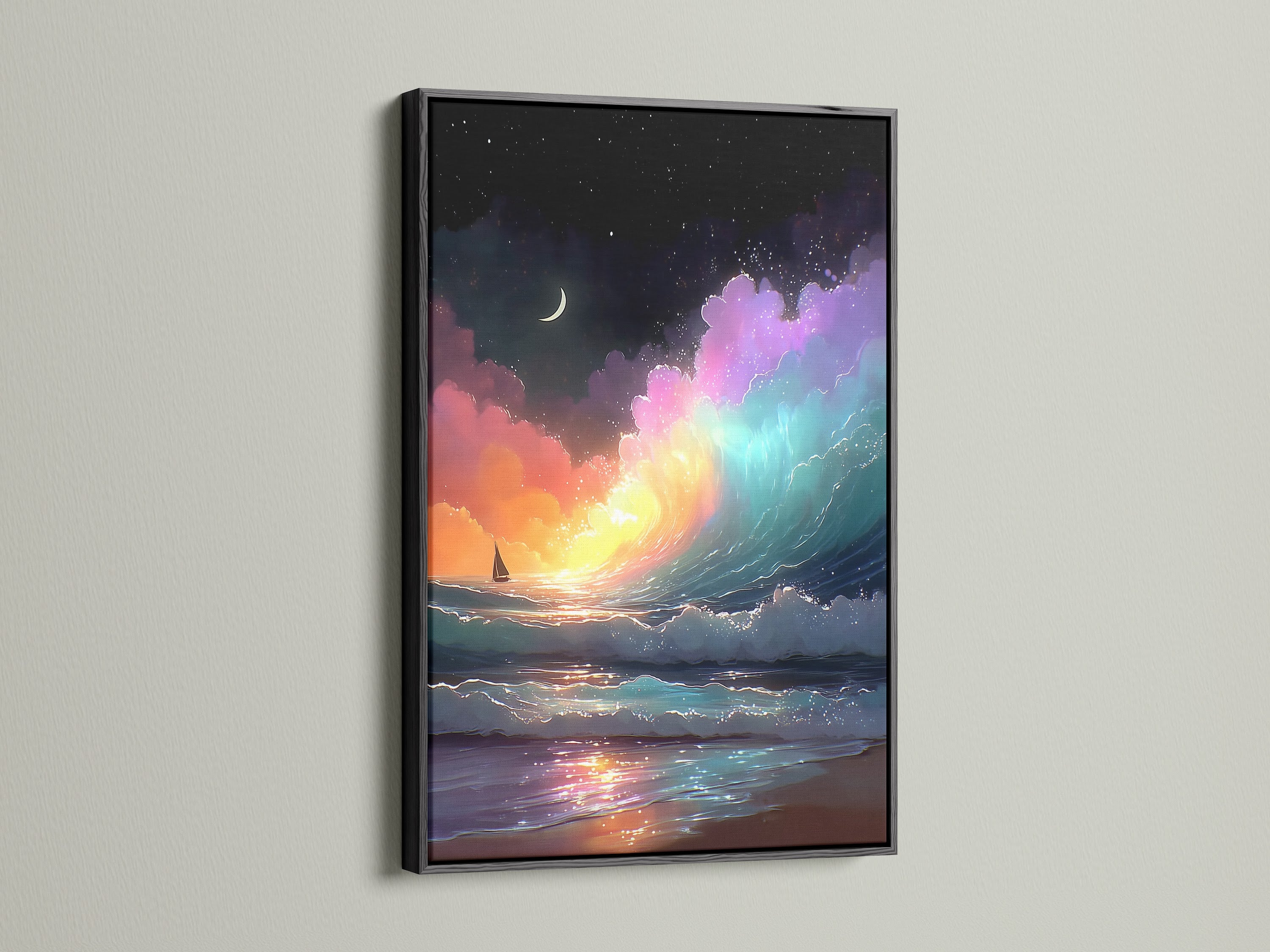 An ocean wave artwork is displayed in a black frame. The artwork features a pastel sky and nautical sailboat. This coastal artwork is ideal for homeowners and renters. It complements nautical and seascape styles.