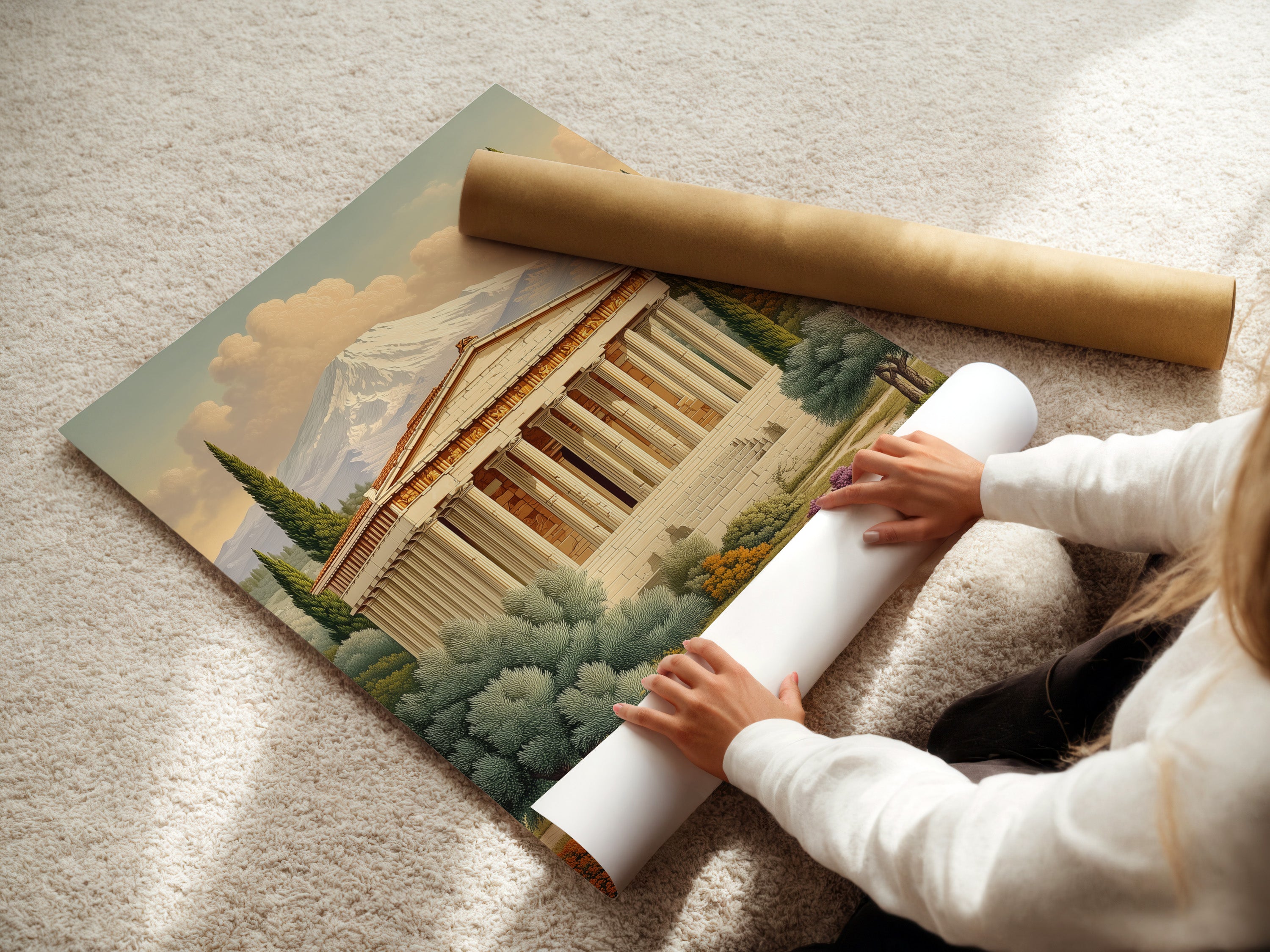 Woman rolling a fine art poster paper of a Greek Temple. High-quality printing ensures vivid colors and sharp details. Perfect for framing or displaying as a poster. This historical artwork is a great addition to any collection.