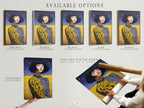 Explore available options for the surreal portrait artwork. Choose from stretched canvas print fine art poster paper or floating frame. The artwork depicts a woman with a bob haircut. Find the perfect style for your decor.
