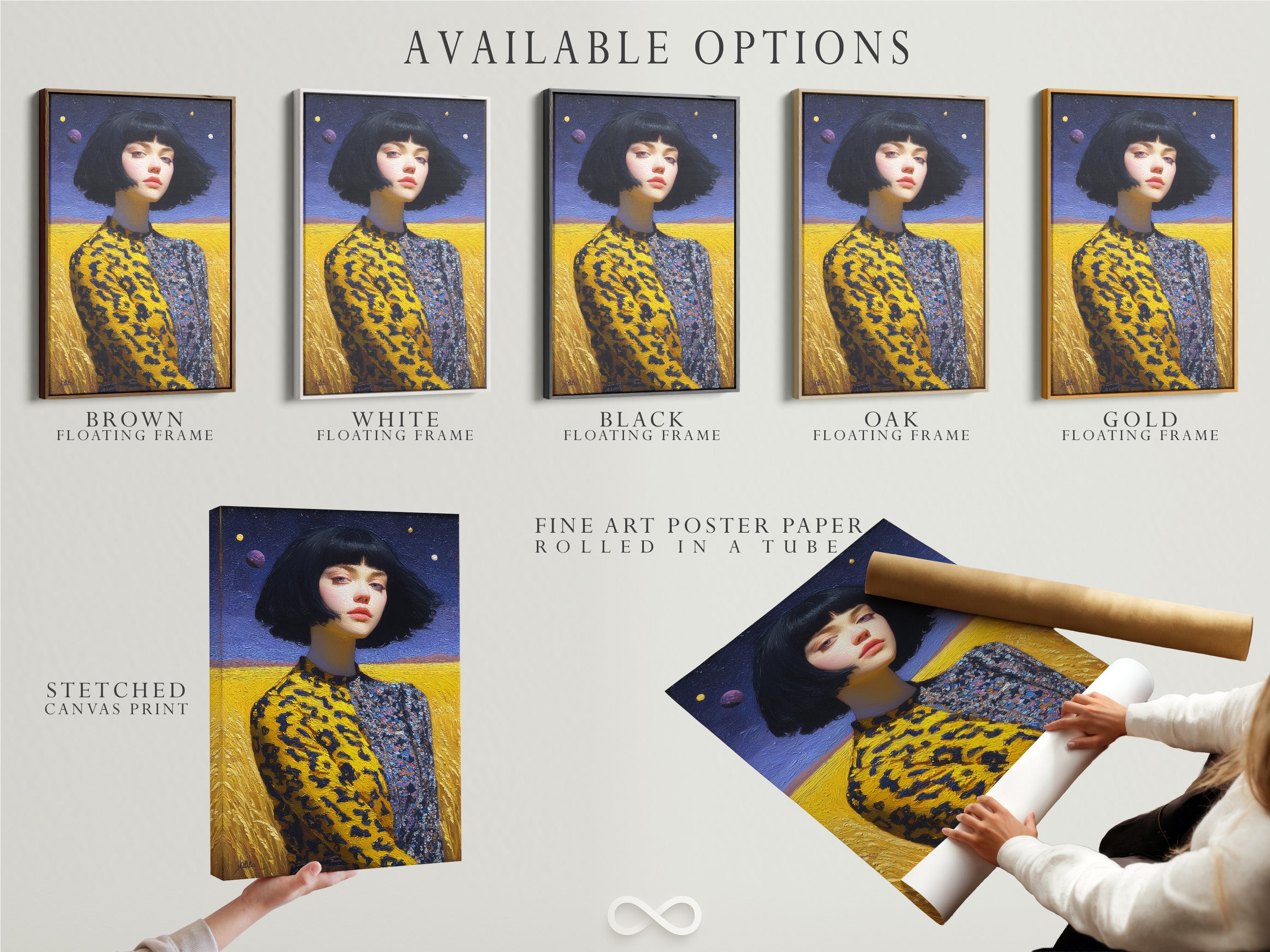 Explore available options for the surreal portrait artwork. Choose from stretched canvas print fine art poster paper or floating frame. The artwork depicts a woman with a bob haircut. Find the perfect style for your decor.