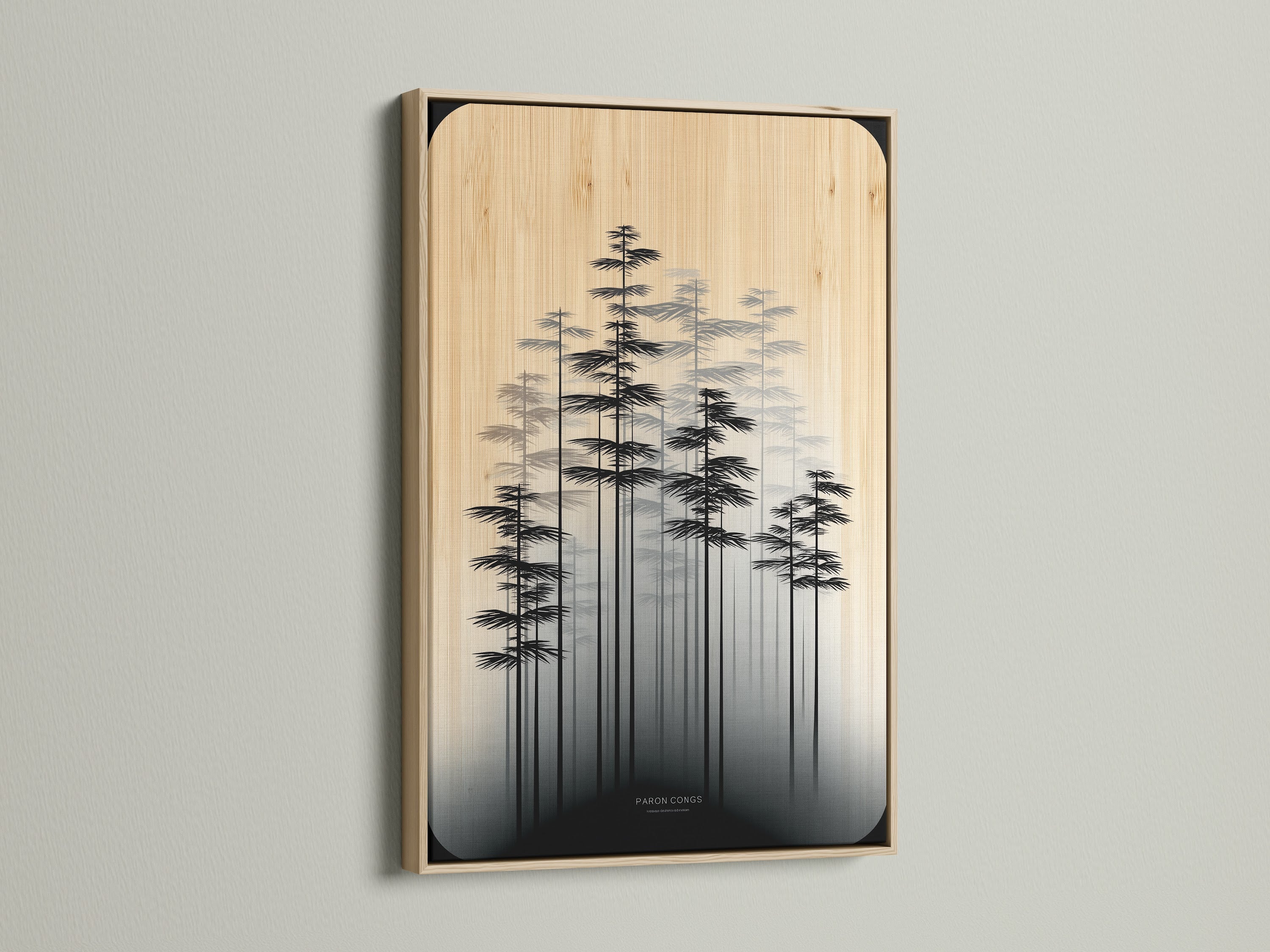 The oak frame enhances the beauty of the forest canvas. This scandi wall art brings nature indoors. It's a minimalist print with neutral decor. The tree artwork complements any room. Enjoy modern art in a natural setting.