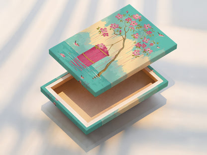 This is a stretched canvas print showcasing the beautiful floral blossom artwork. It features pink flowers and birds. The stretched canvas provides a gallery-quality look. It enhances the artwork’s colors and details.