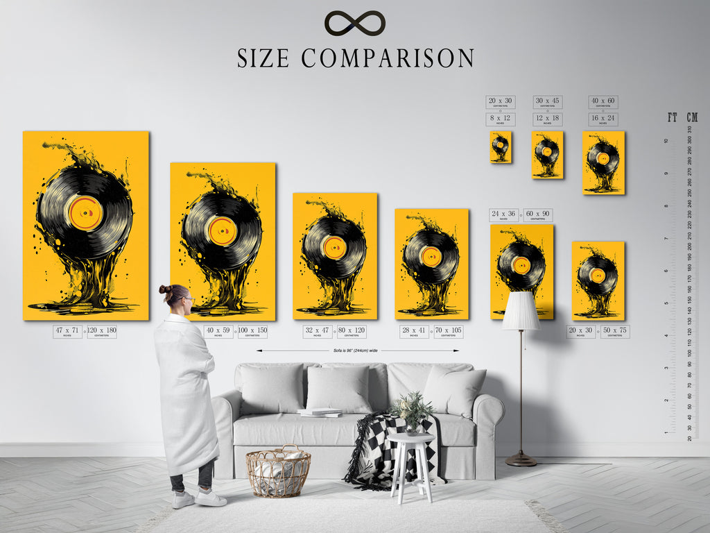 The size comparison chart in an interior setting is shown. It helps visualize artwork dimensions in your living space. It allows you to choose the perfect size for your wall. This chart ensures a harmonious balance in your decor.