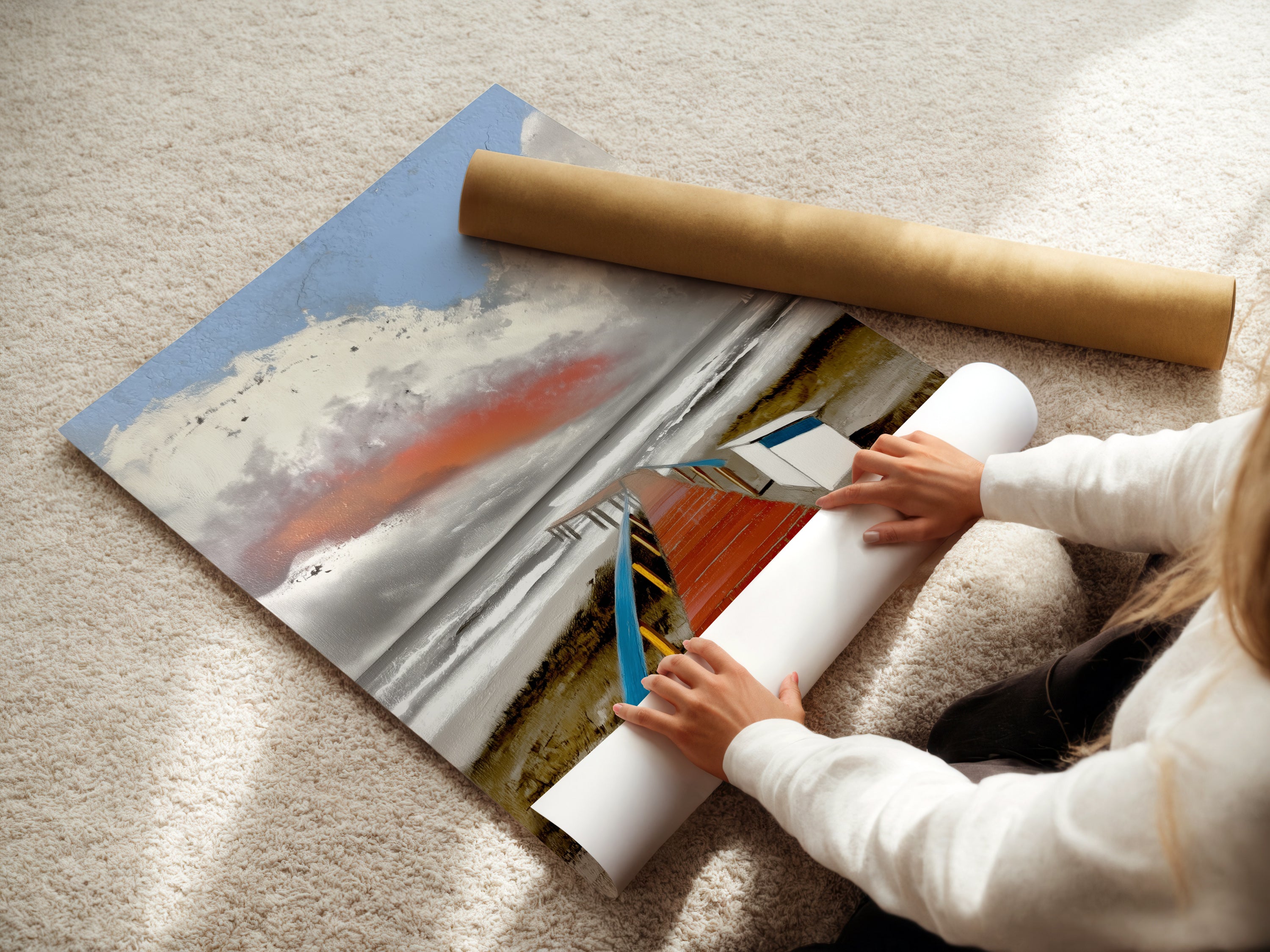 A woman is carefully rolling a fine art poster paper. The paper showcases a beautiful coastal artwork. This seascape painting is ready to be framed and displayed. Perfect for adding a touch of the ocean to your home decor. Ideal for art enthusiasts.