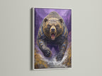 Grizzly Bear artwork in a white frame. This fantasy wildlife art portrays a bear in armor against a purple mountain scene. A great piece for adding to a man cave or adventure themed room. Upgrade your decor today.