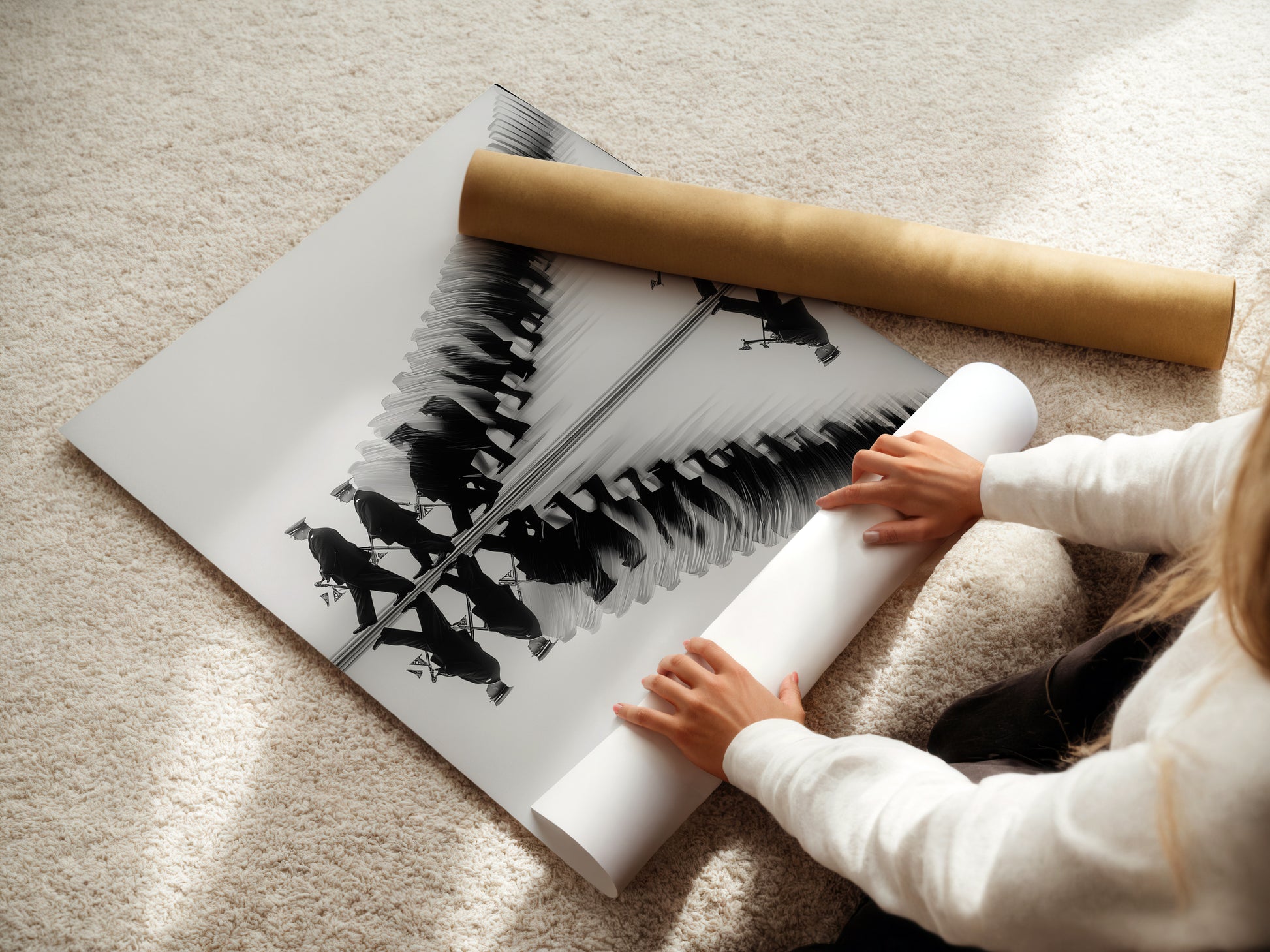 A woman is carefully rolling a fine art poster paper. The paper features a black and white marching band artwork. This high quality print is perfect for music lovers. It is suitable for office wall art study decor and music rooms. A great gift for band members.