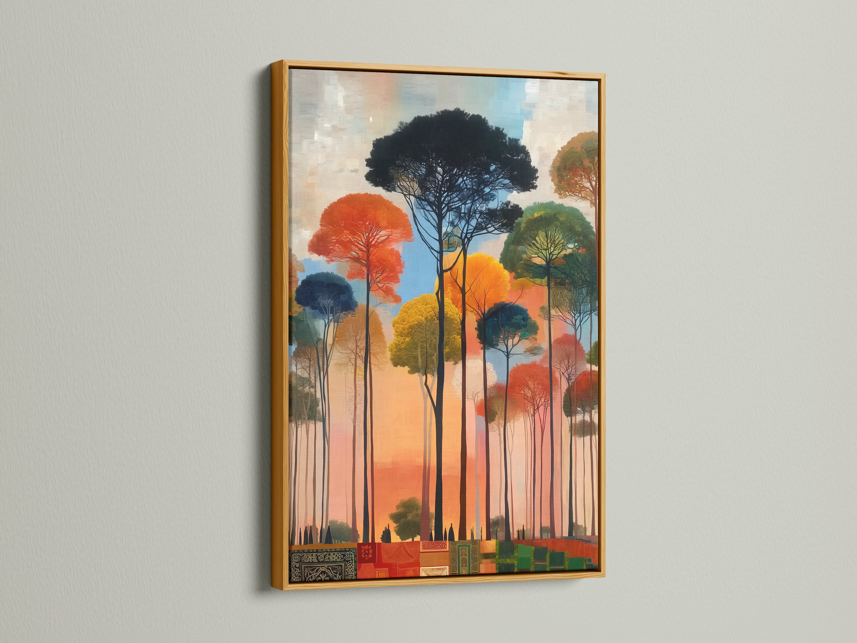 Abstract Forest artwork looks luxurious in a gold frame. The colorful tree print adds a touch of elegance to your decor. Modern nature art that complements any style. Perfect for creating a focal point in your space. A contemporary landscape print.