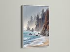 Coastal Scenery Artwork with a White Frame. This ocean canvas art captures a stunning seascape. The white frame enhances the modern look. It's perfect for living room wall art or bedroom wall decor.  A great addition to minimalist or Scandinavian styles