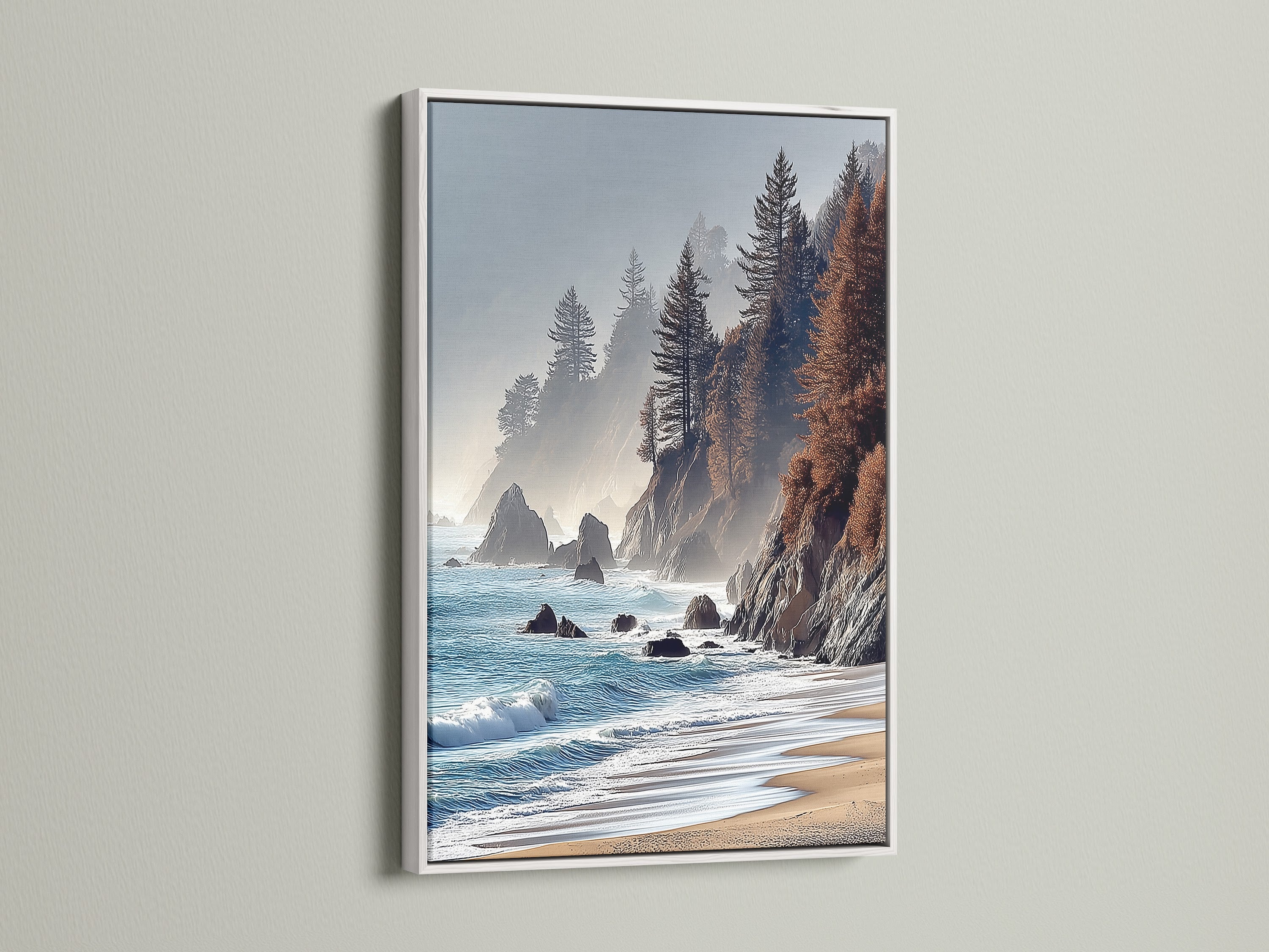 Coastal Scenery Artwork with a White Frame. This ocean canvas art captures a stunning seascape. The white frame enhances the modern look. It's perfect for living room wall art or bedroom wall decor.  A great addition to minimalist or Scandinavian styles