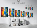 Size comparison chart featuring the Dancing Figures artwork in an interior setting. See how this colorful abstract artwork fits perfectly into your space. Visualize vibrant movement wall decor options for your home.