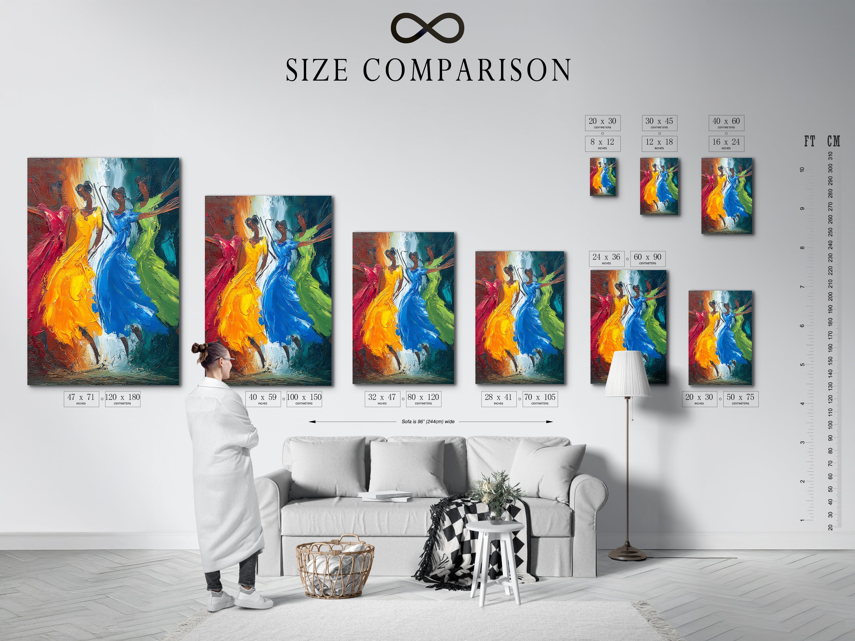 Size comparison chart featuring the Dancing Figures artwork in an interior setting. See how this colorful abstract artwork fits perfectly into your space. Visualize vibrant movement wall decor options for your home.