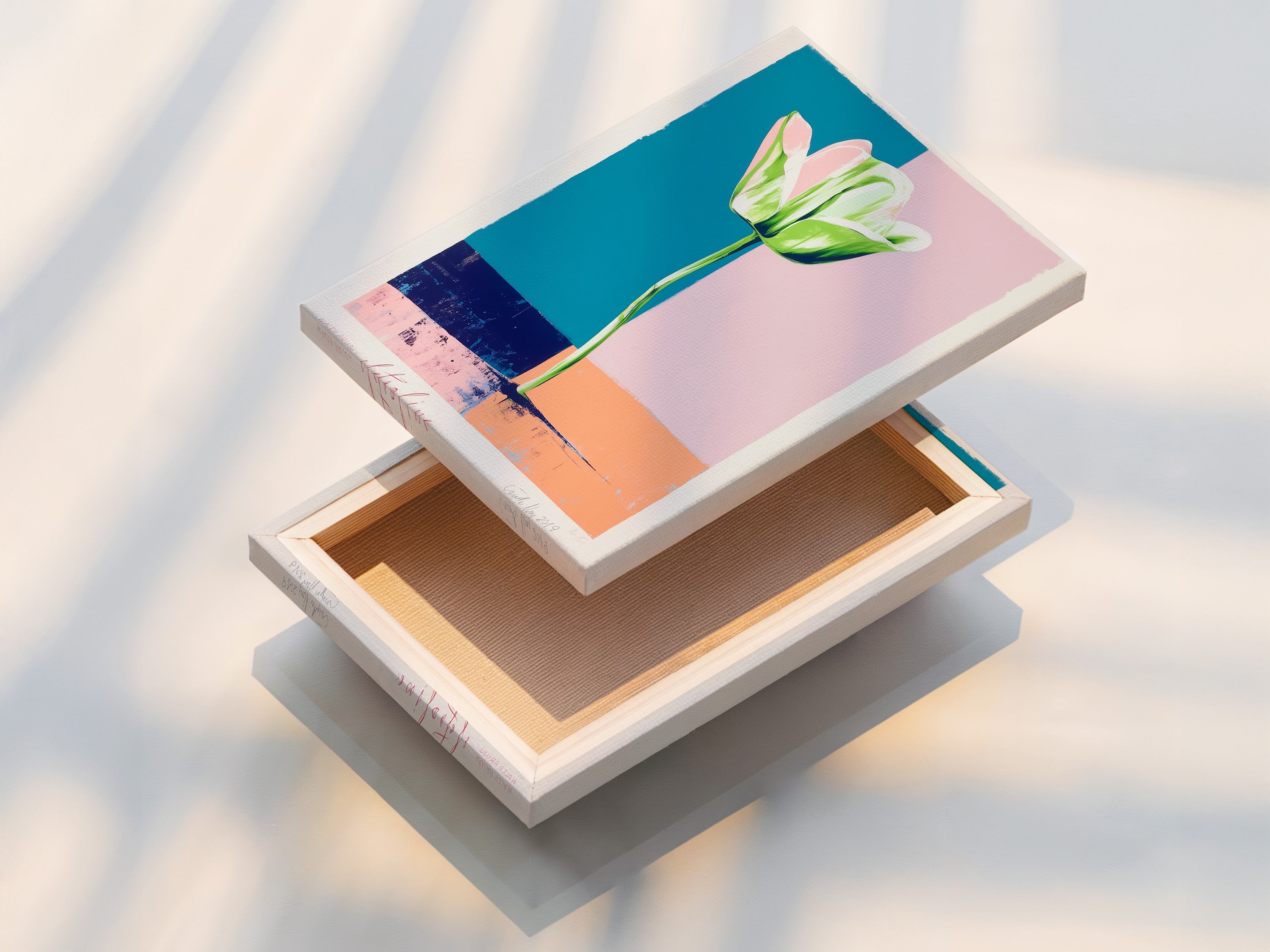 A stretched canvas print of an abstract tulip flower artwork. The canvas is stretched and ready to hang. The vibrant pastel colors and botanical art create a modern look. Ideal for adding a pop of color to any wall.