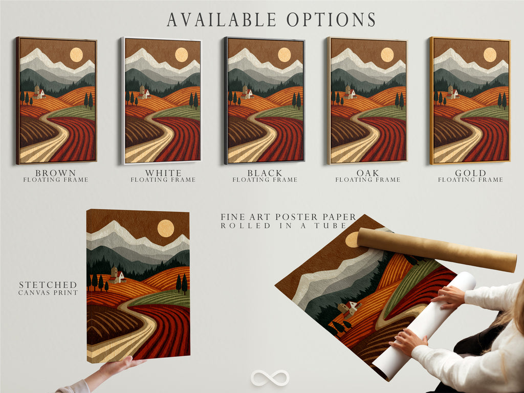 Available options for the Tuscany Landscape artwork. Choose from a stretched canvas print fine art poster paper or a floating frame. Customize the artwork to match your style. Find the perfect option for your home decor.