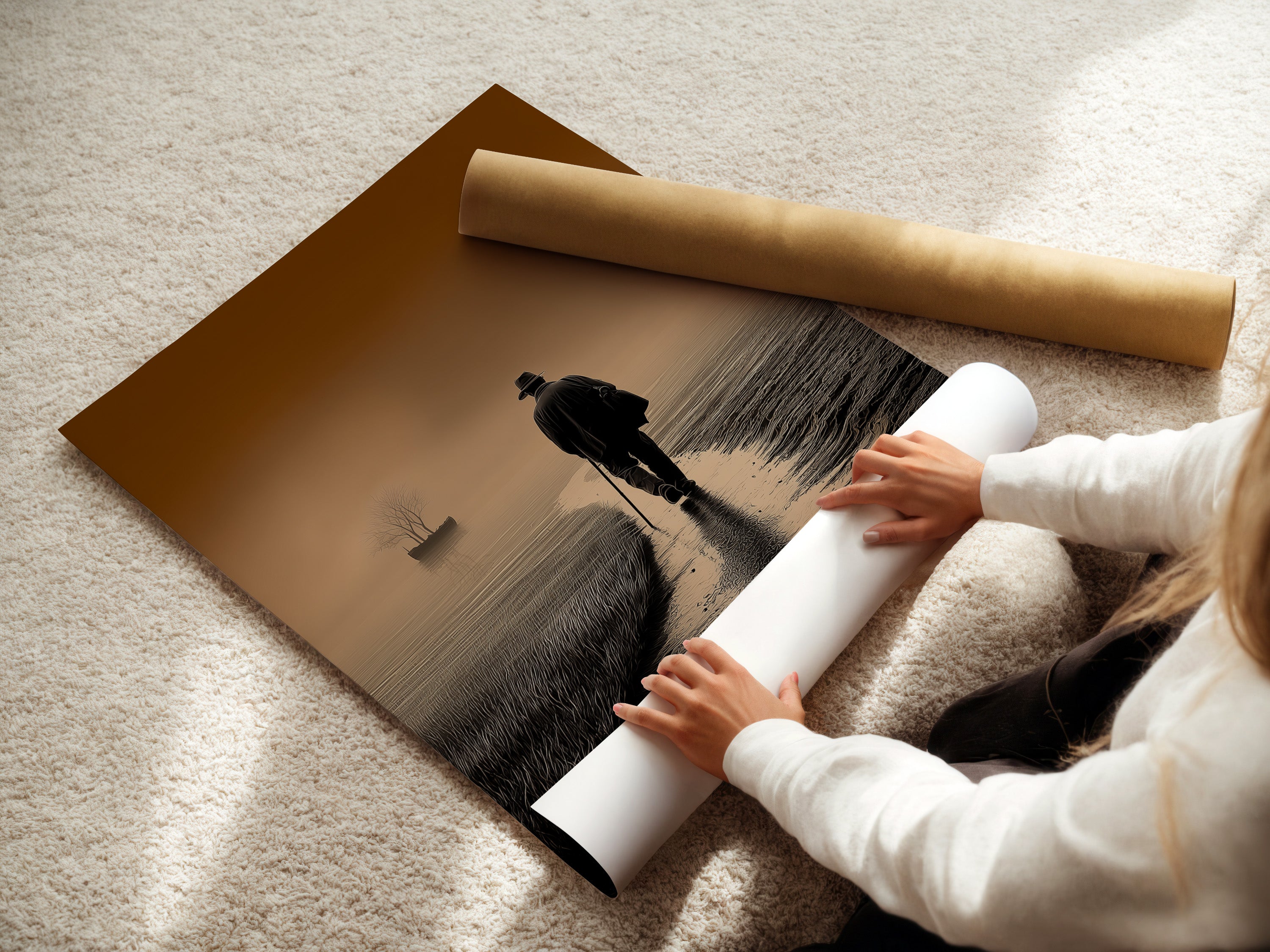 A woman carefully rolling a fine art poster paper. She is preparing it for framing or display. This highlights the care and attention to detail. The poster paper is high-quality. It ensures vibrant colors and sharp details. Perfect for art enthusiasts.