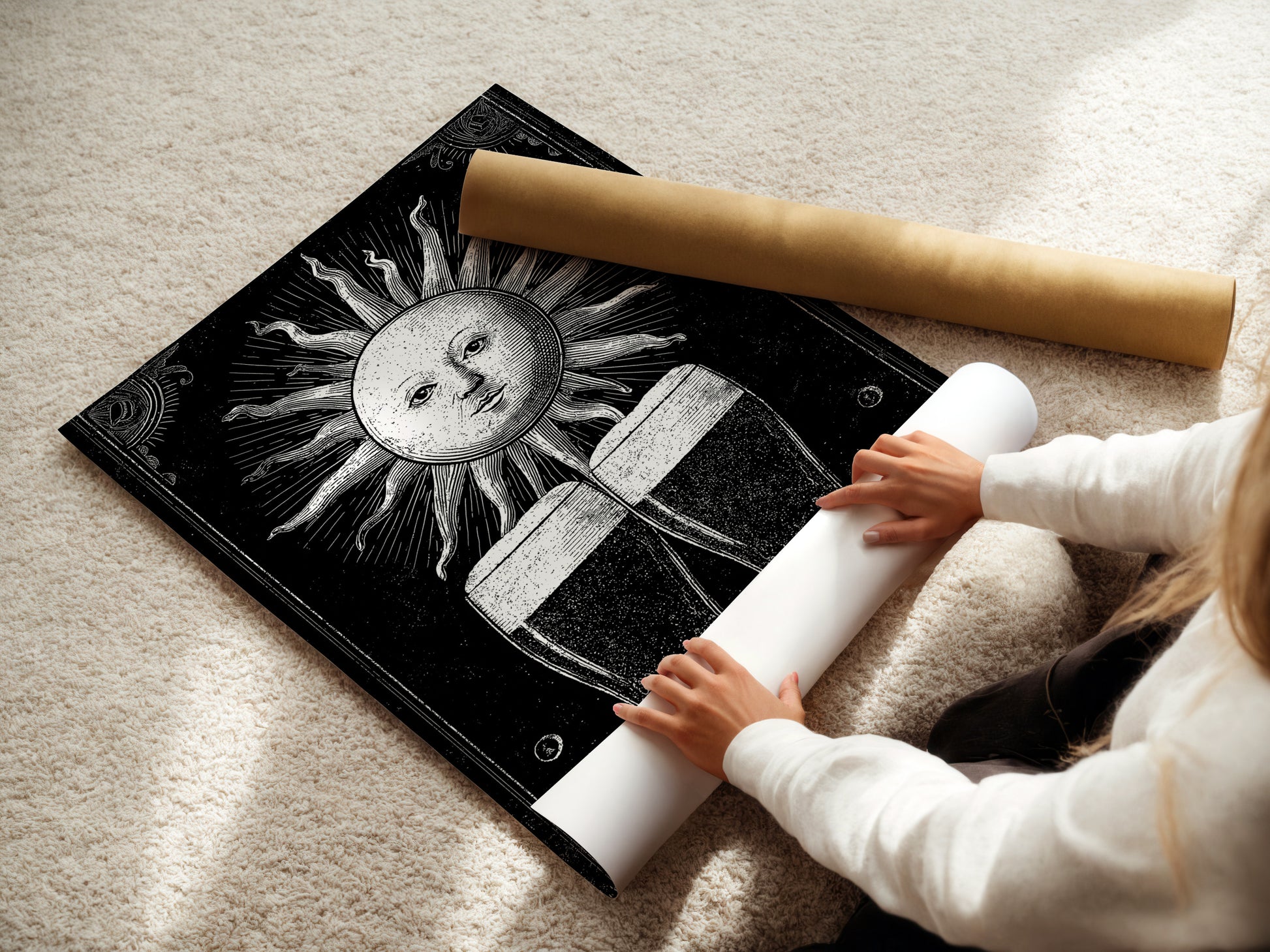 A woman is carefully rolling a fine art poster paper. She handles the vintage sun illustration art print. We ensure your art arrives in perfect condition. High-quality poster paper brings out the best in your artwork. 