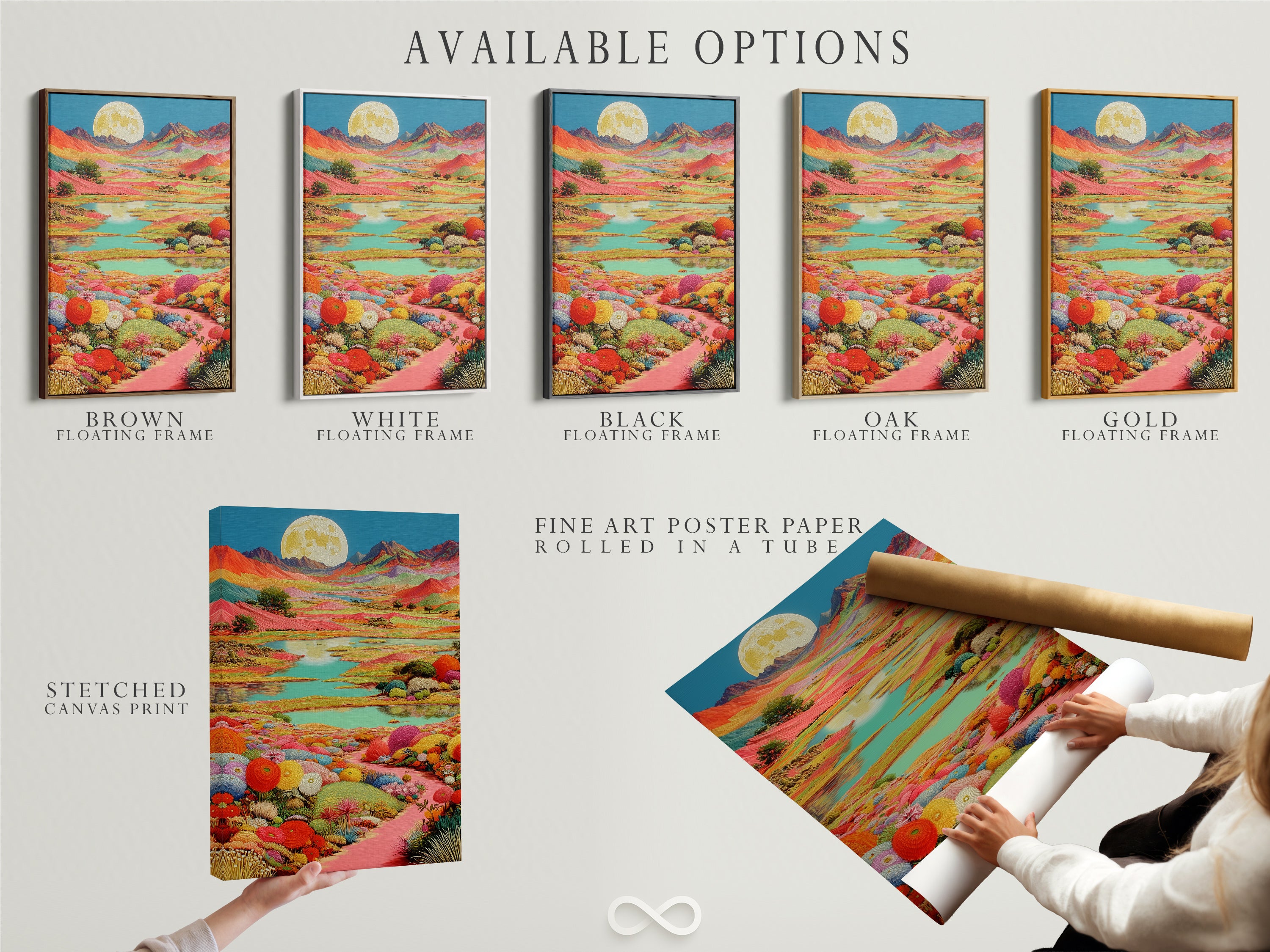 Available options are displayed: a stretched canvas print fine art poster paper and a floating frame. The artwork features a colorful fantasy landscape with a moon. Choose the perfect option to match your style and decor. Each option enhances the artwork's unique charm.